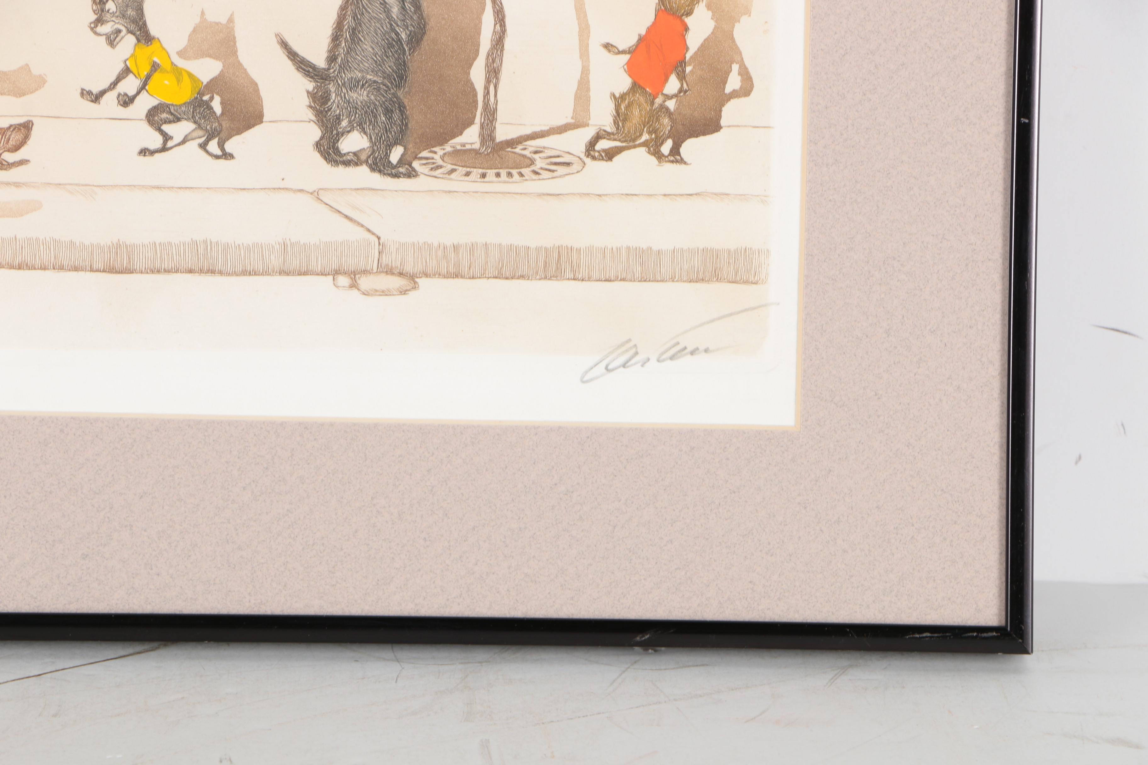 Boris O'Klein Hand-Colored Etching "A la Queue"