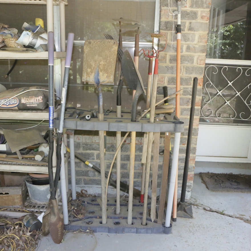 Lawn and Garden Tools Including Rakes, Shovels, Pitchfork, More
