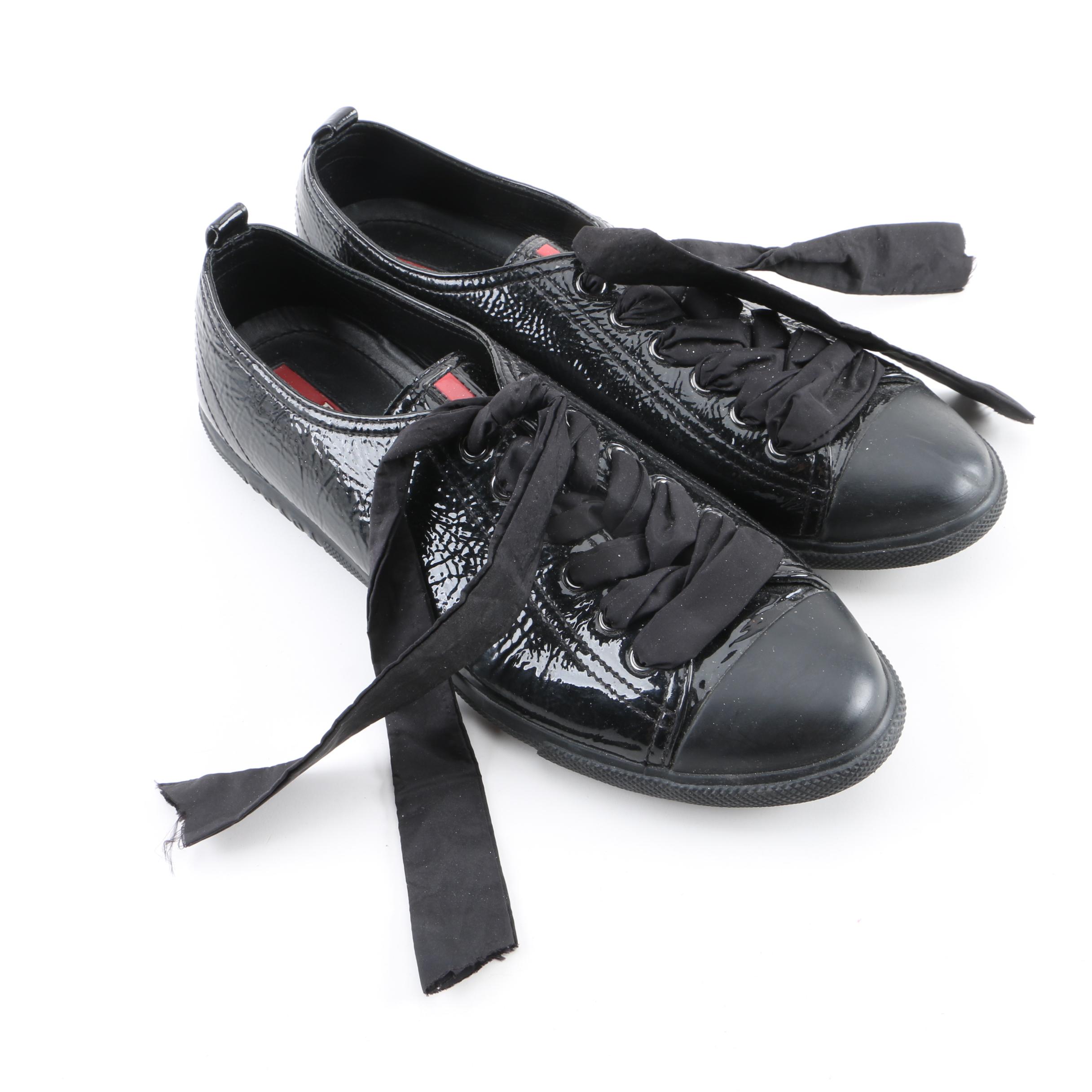 Women's Prada Black Glazed Pebbled Leather Cap Toe Sneakers