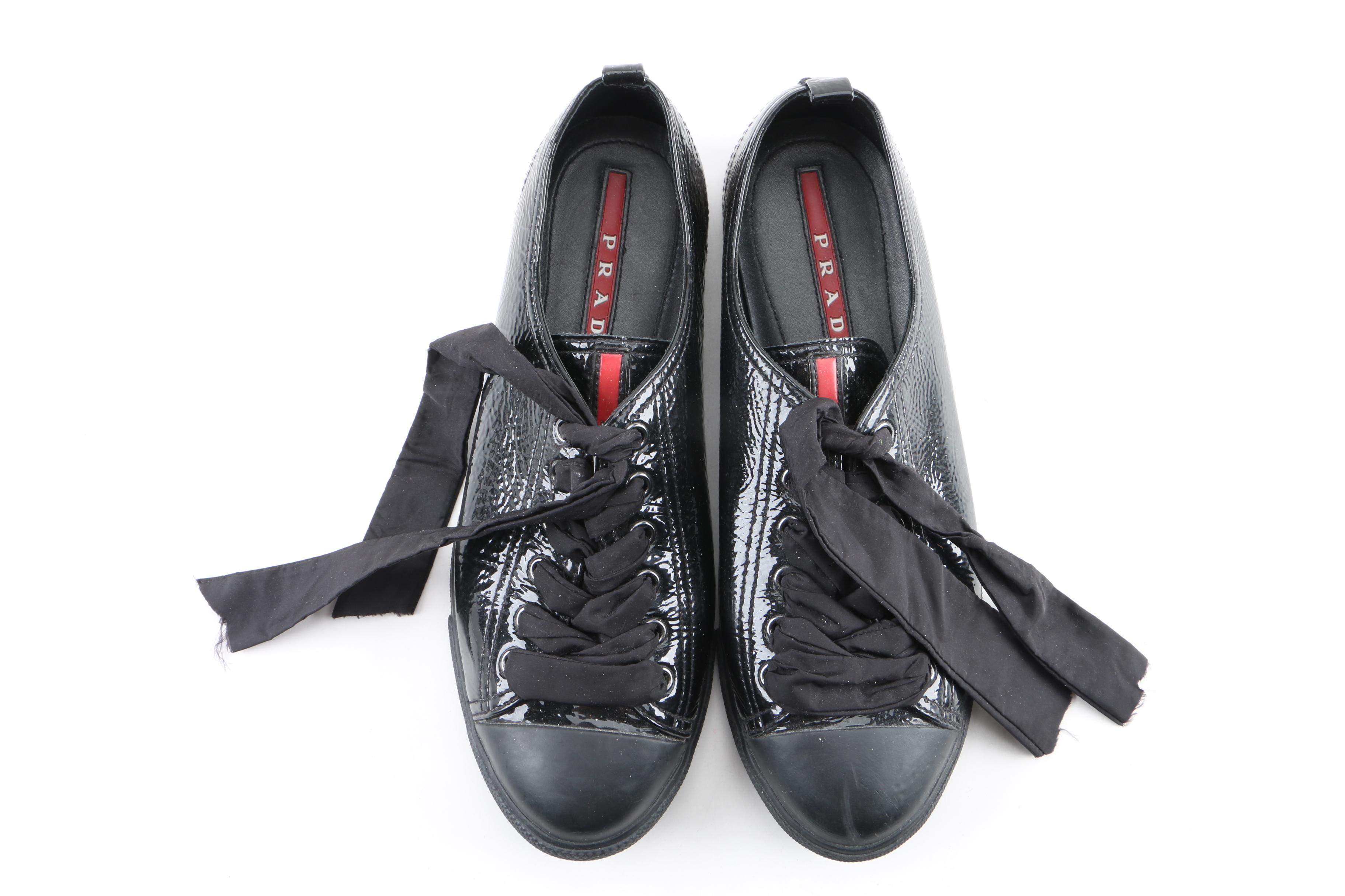 Women's Prada Black Glazed Pebbled Leather Cap Toe Sneakers