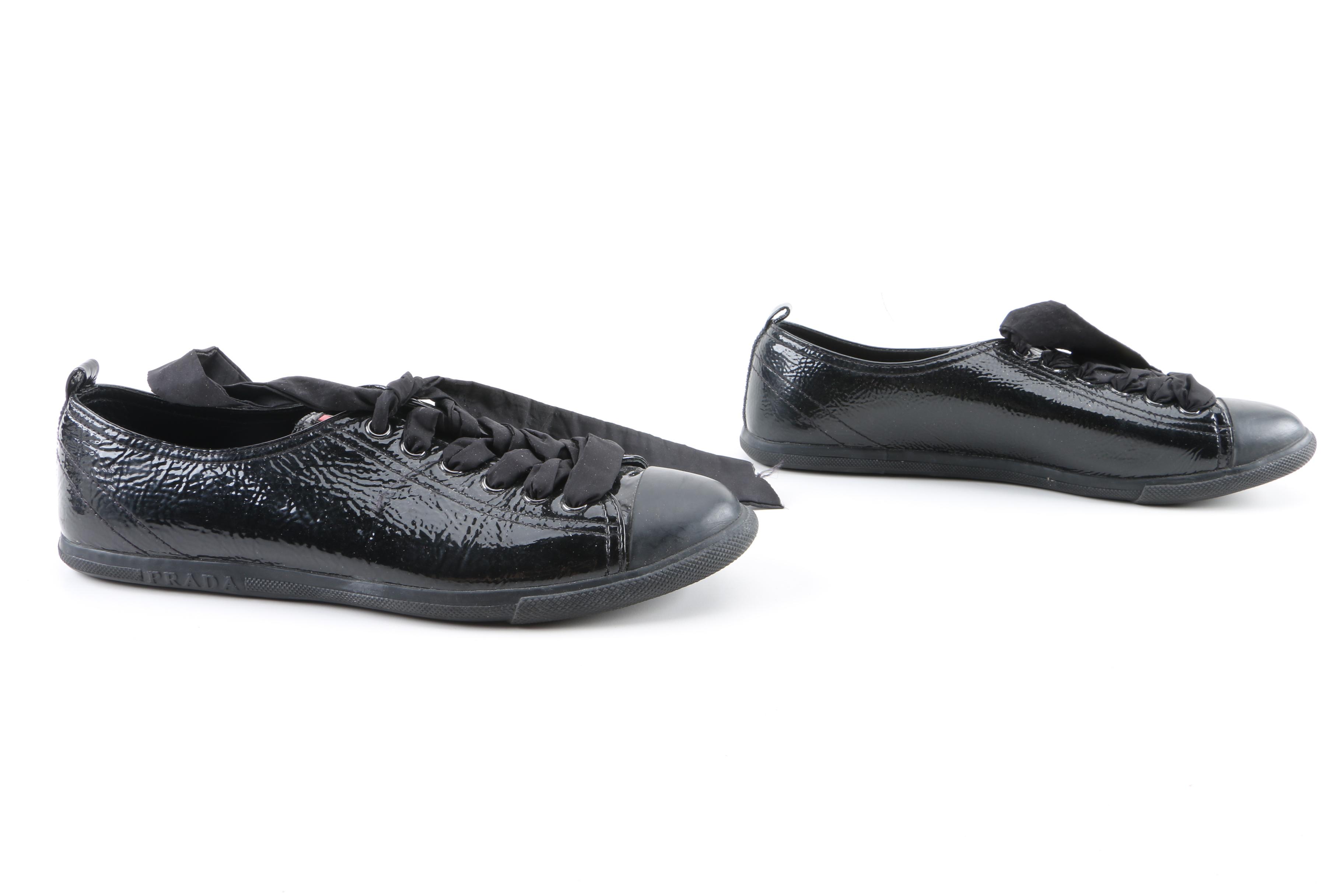 Women's Prada Black Glazed Pebbled Leather Cap Toe Sneakers