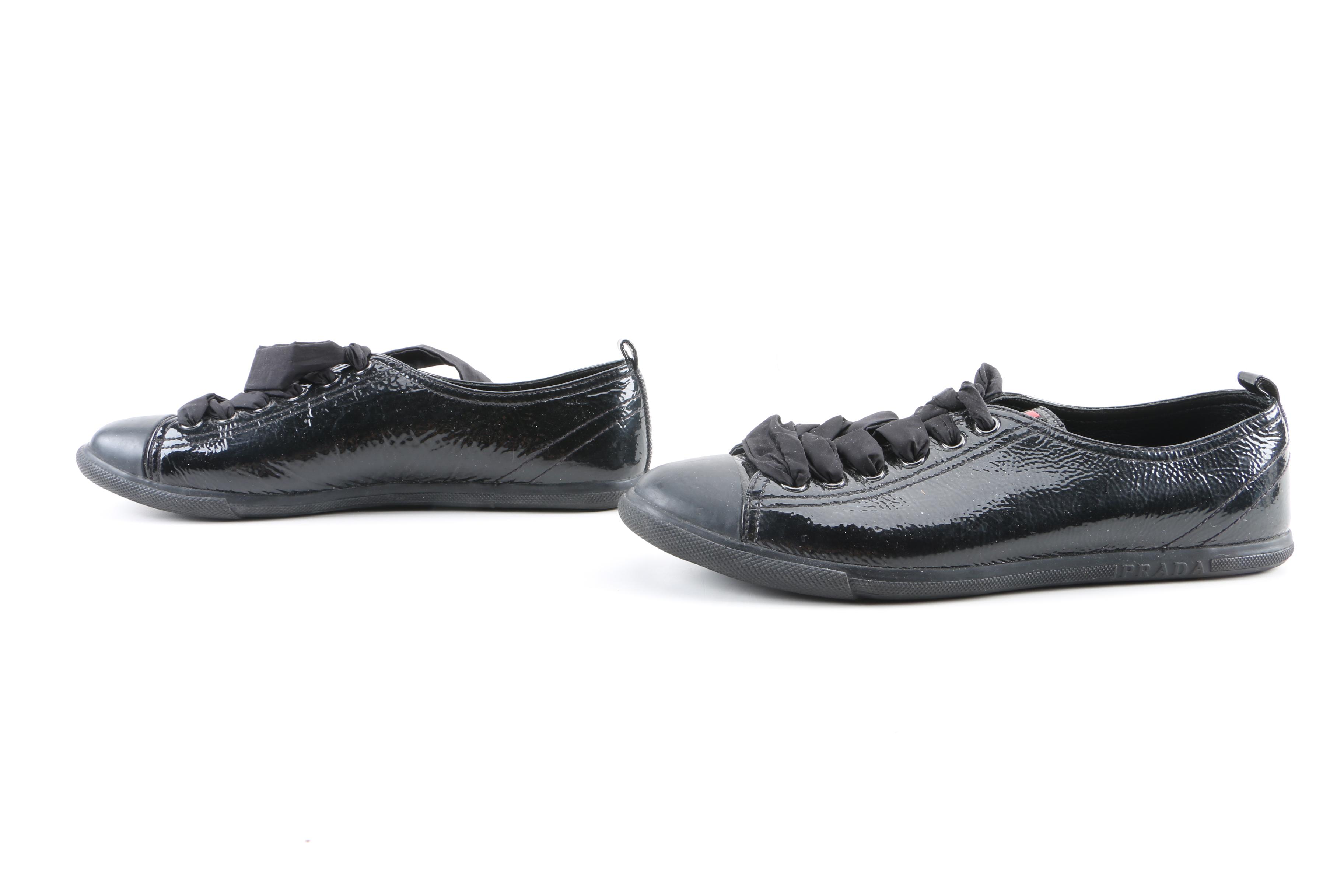 Women's Prada Black Glazed Pebbled Leather Cap Toe Sneakers