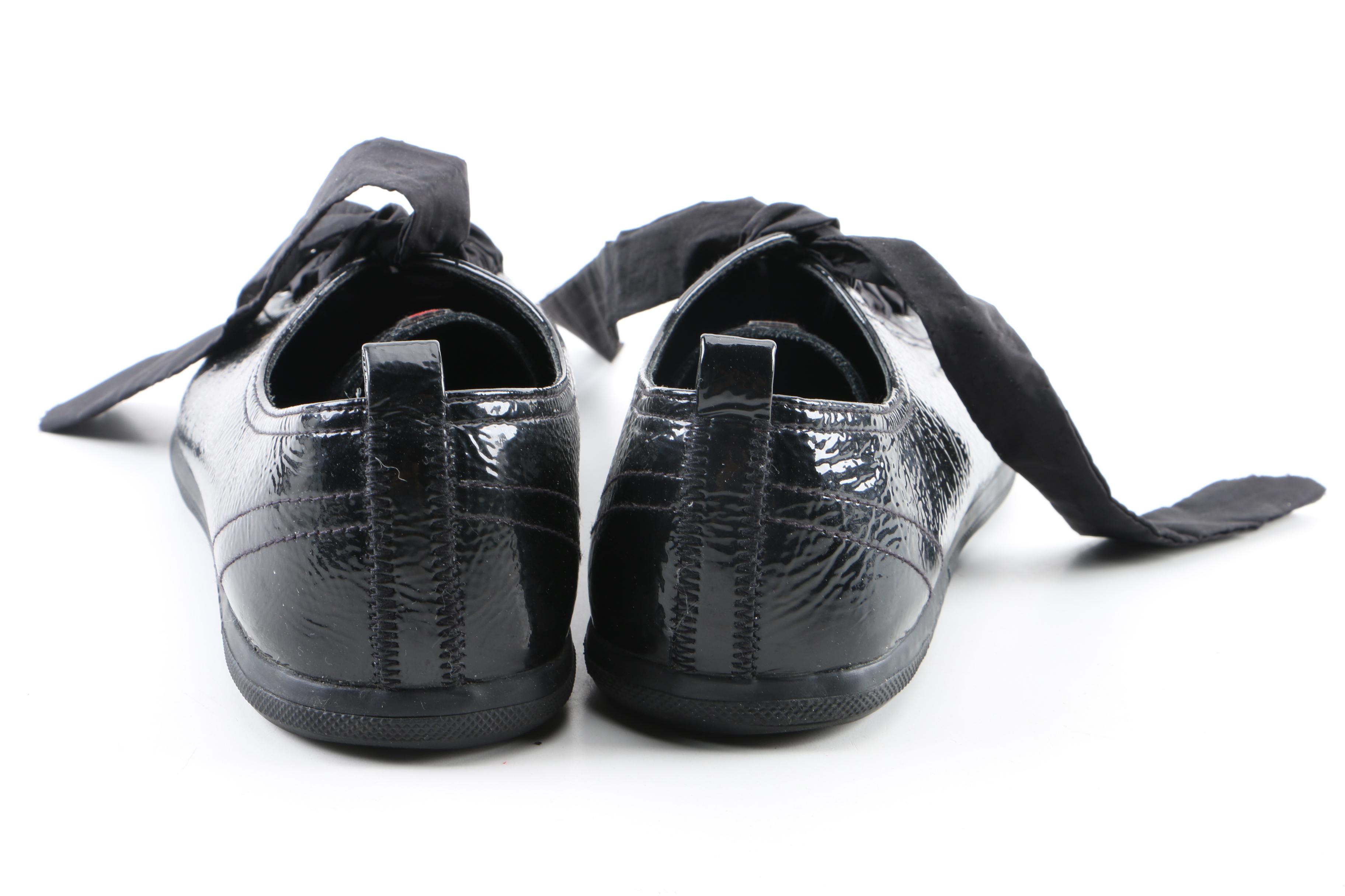 Women's Prada Black Glazed Pebbled Leather Cap Toe Sneakers