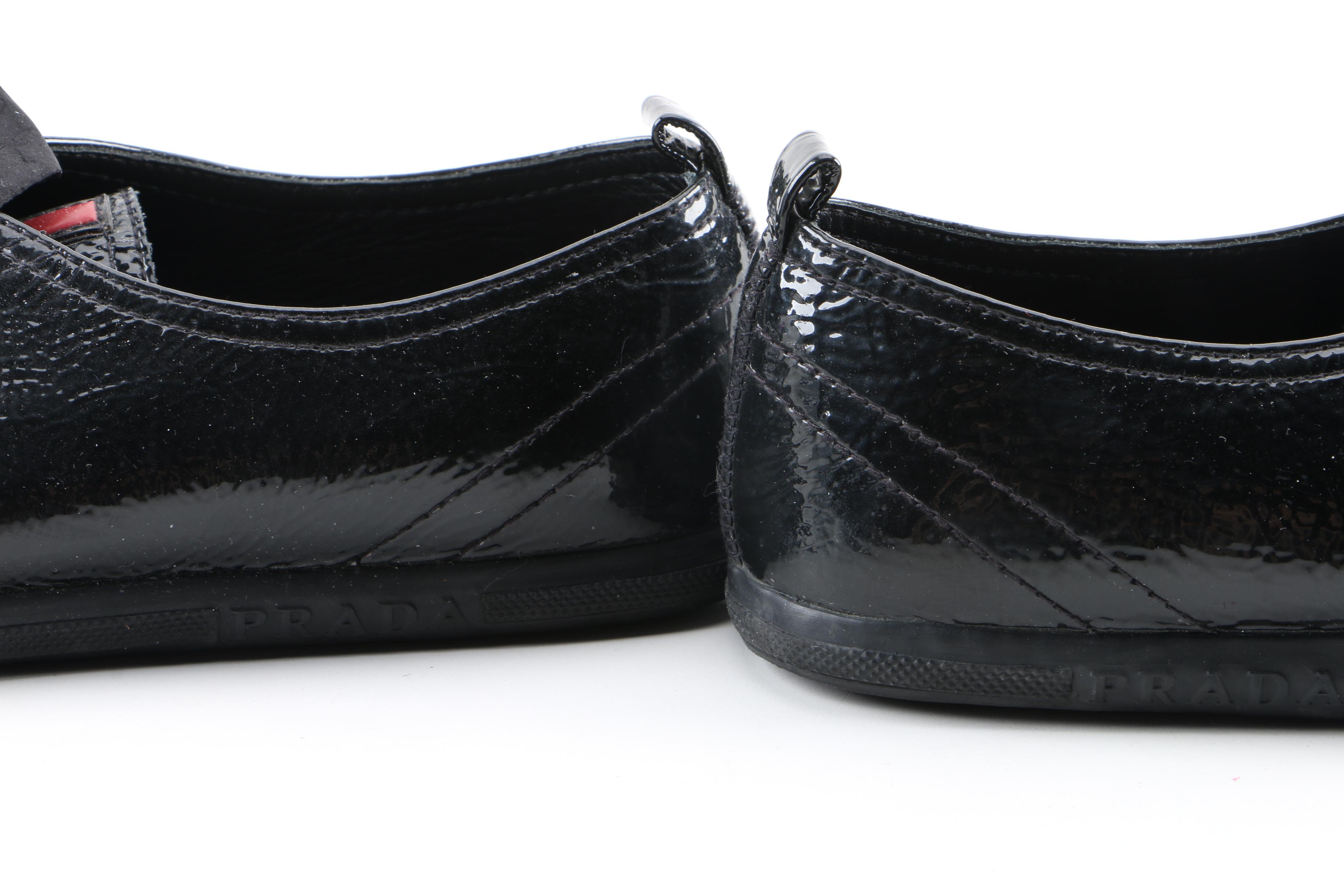 Women's Prada Black Glazed Pebbled Leather Cap Toe Sneakers