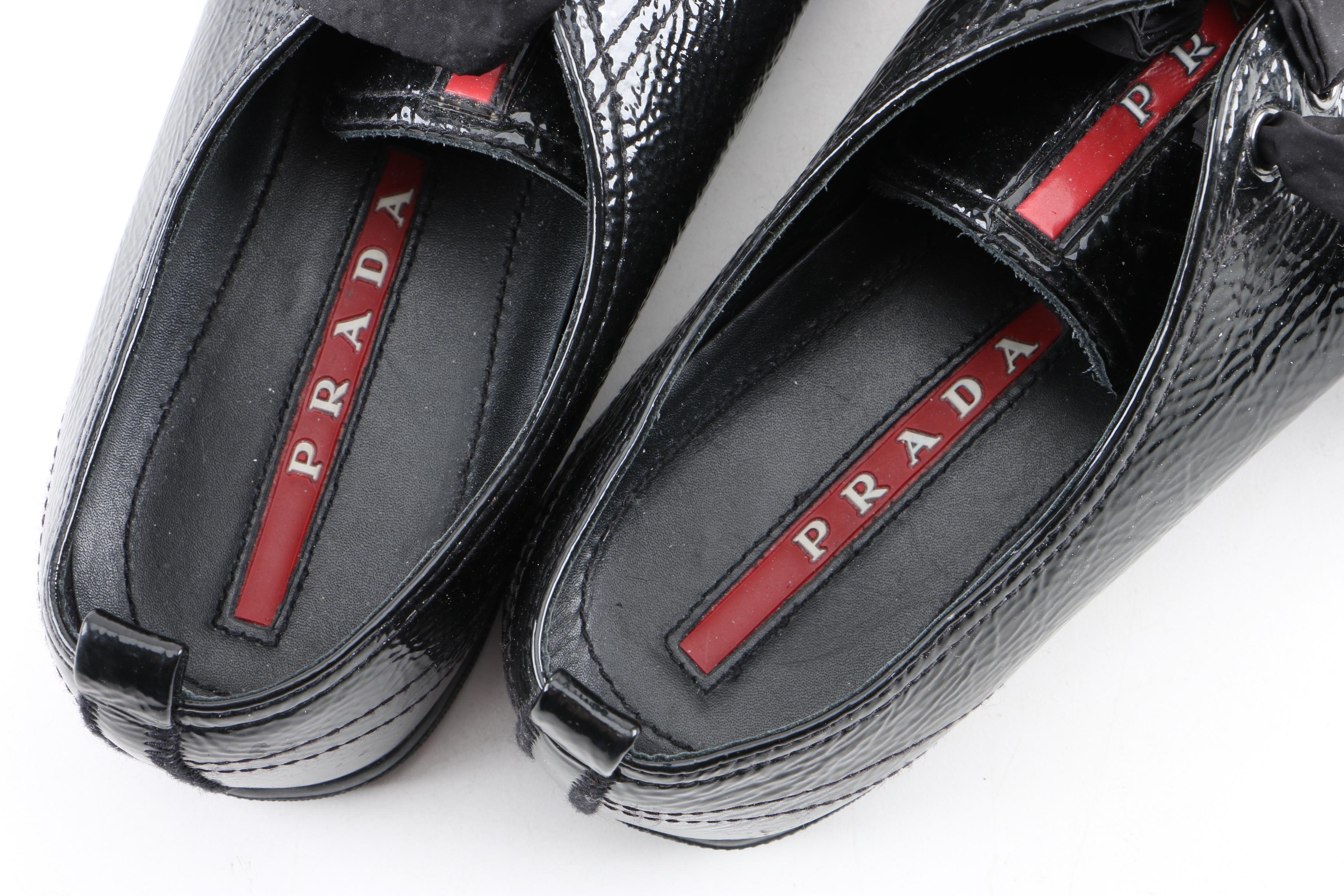 Women's Prada Black Glazed Pebbled Leather Cap Toe Sneakers