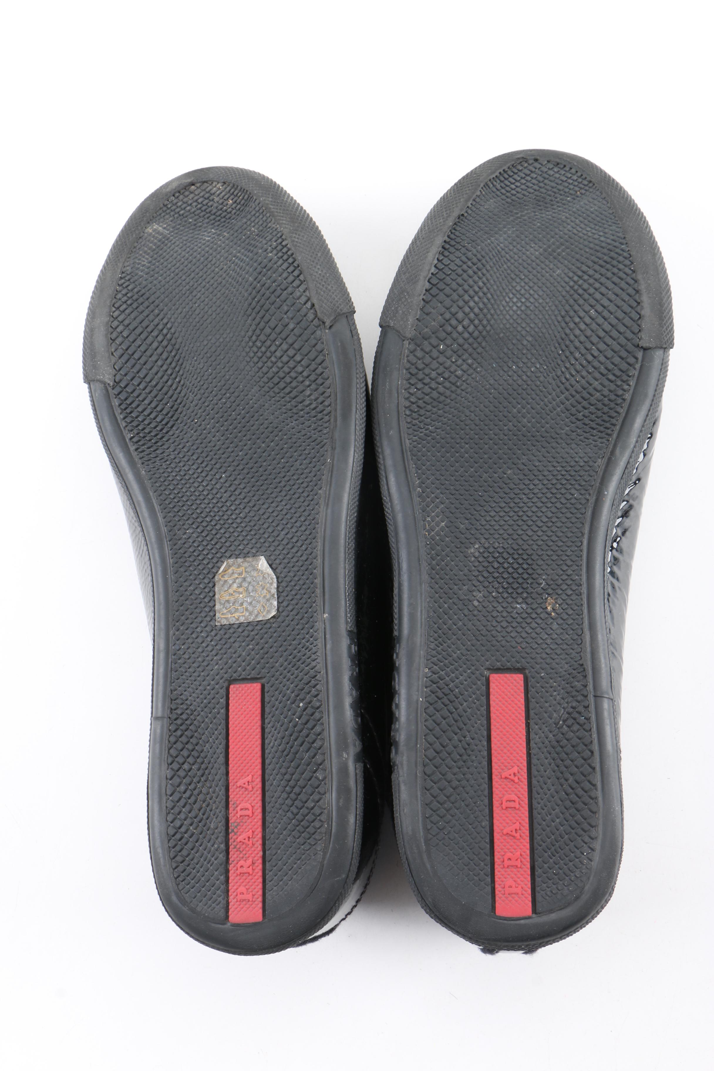 Women's Prada Black Glazed Pebbled Leather Cap Toe Sneakers