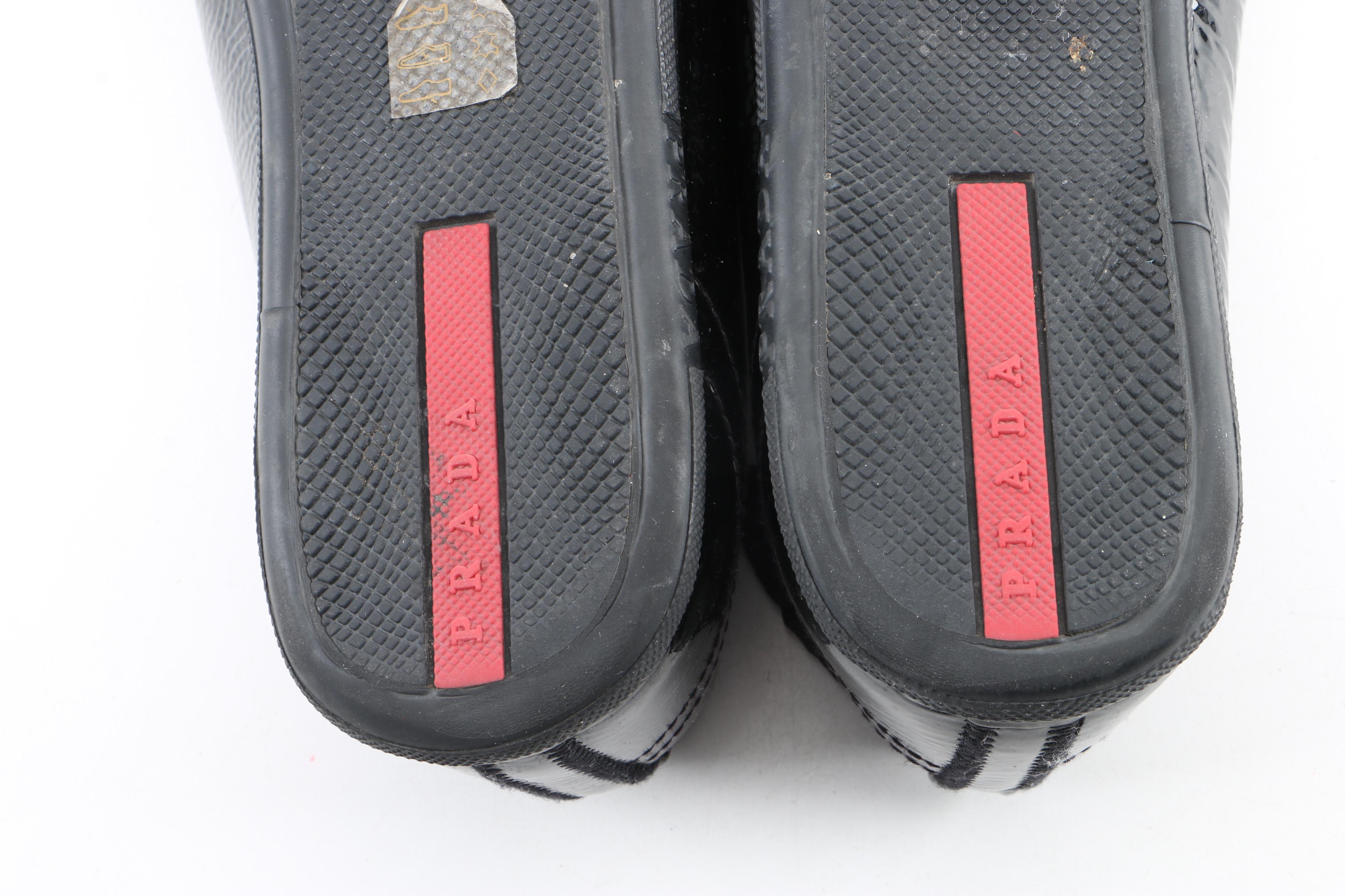 Women's Prada Black Glazed Pebbled Leather Cap Toe Sneakers