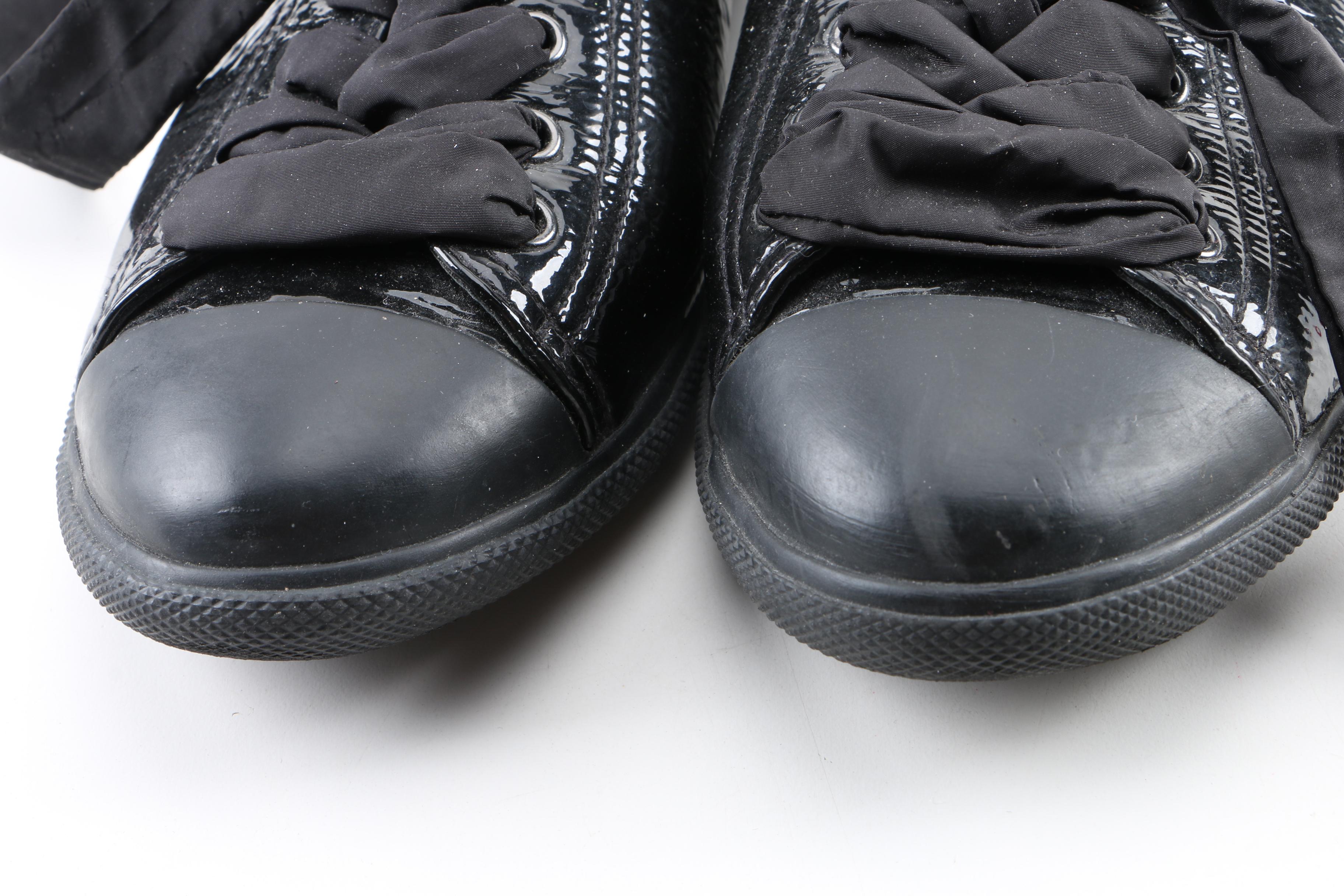 Women's Prada Black Glazed Pebbled Leather Cap Toe Sneakers