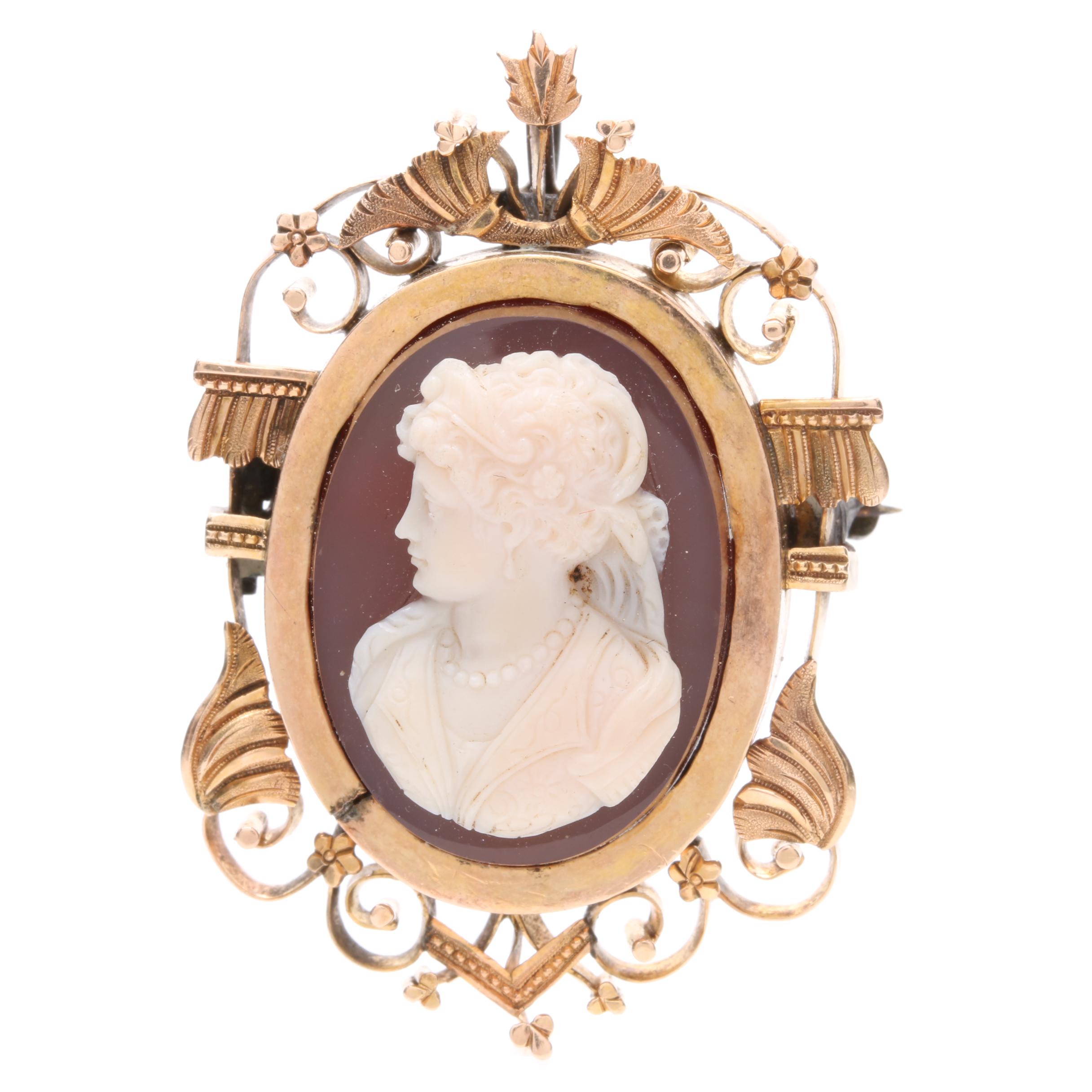 Mid-Victorian 14K Yellow Gold Sardonyx Cameo Converter Brooch