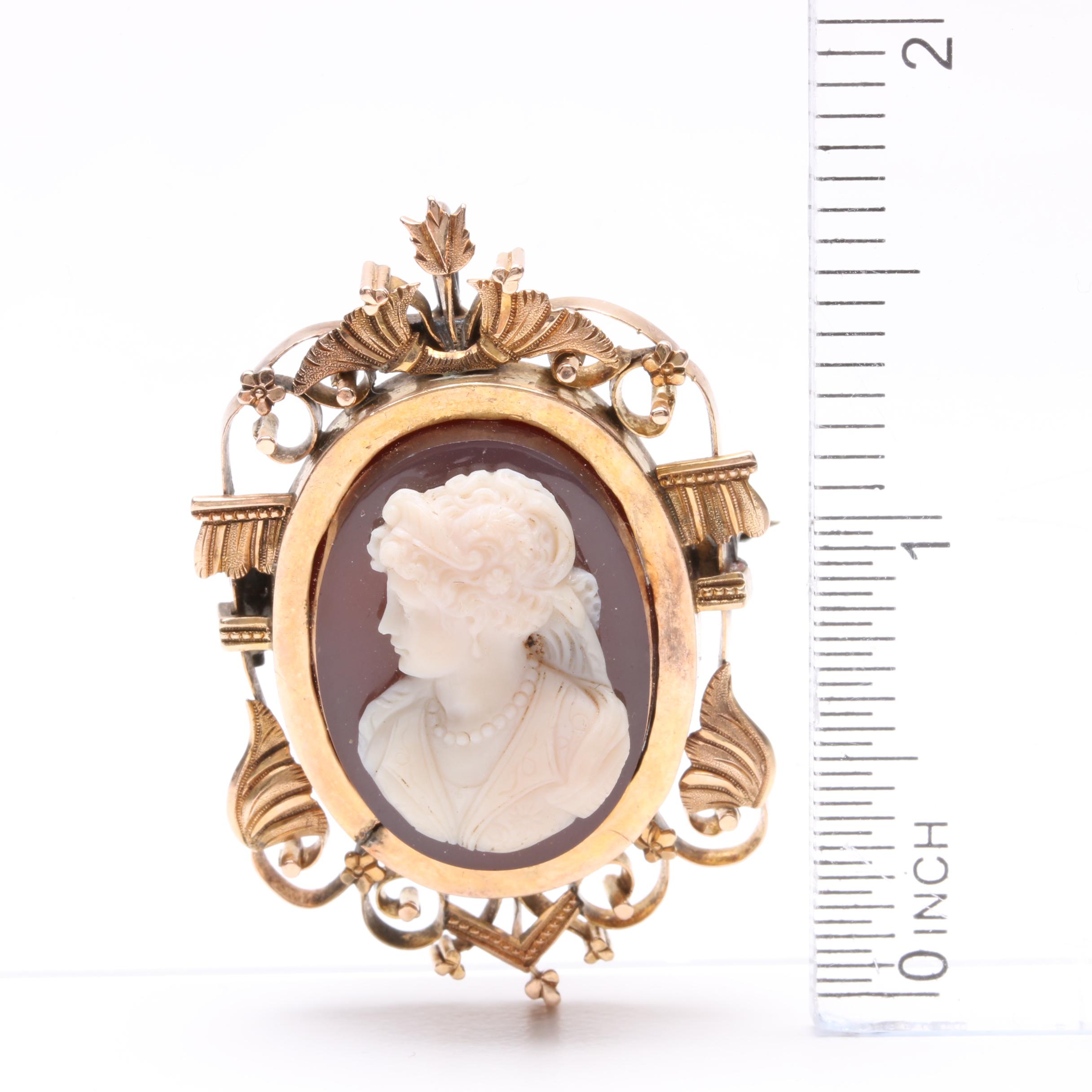 Mid-Victorian 14K Yellow Gold Sardonyx Cameo Converter Brooch