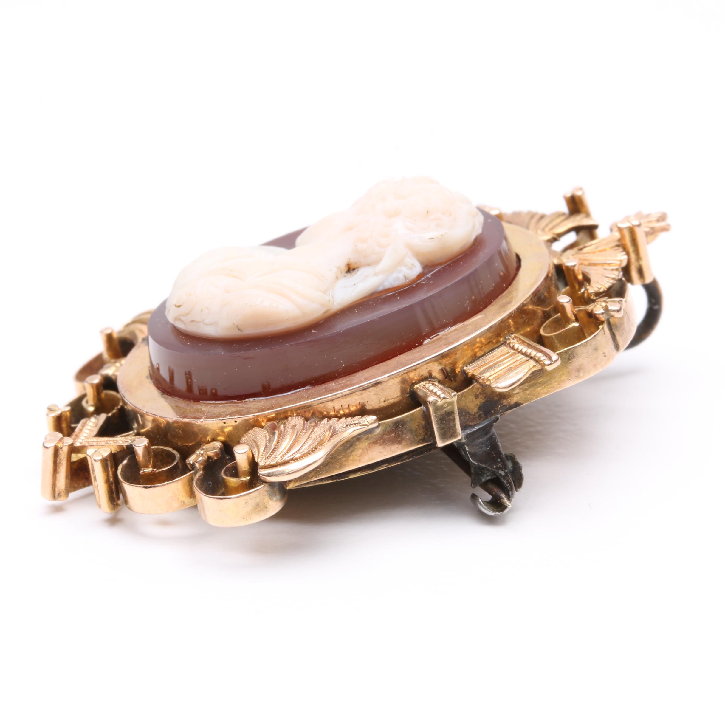 Mid-Victorian 14K Yellow Gold Sardonyx Cameo Converter Brooch