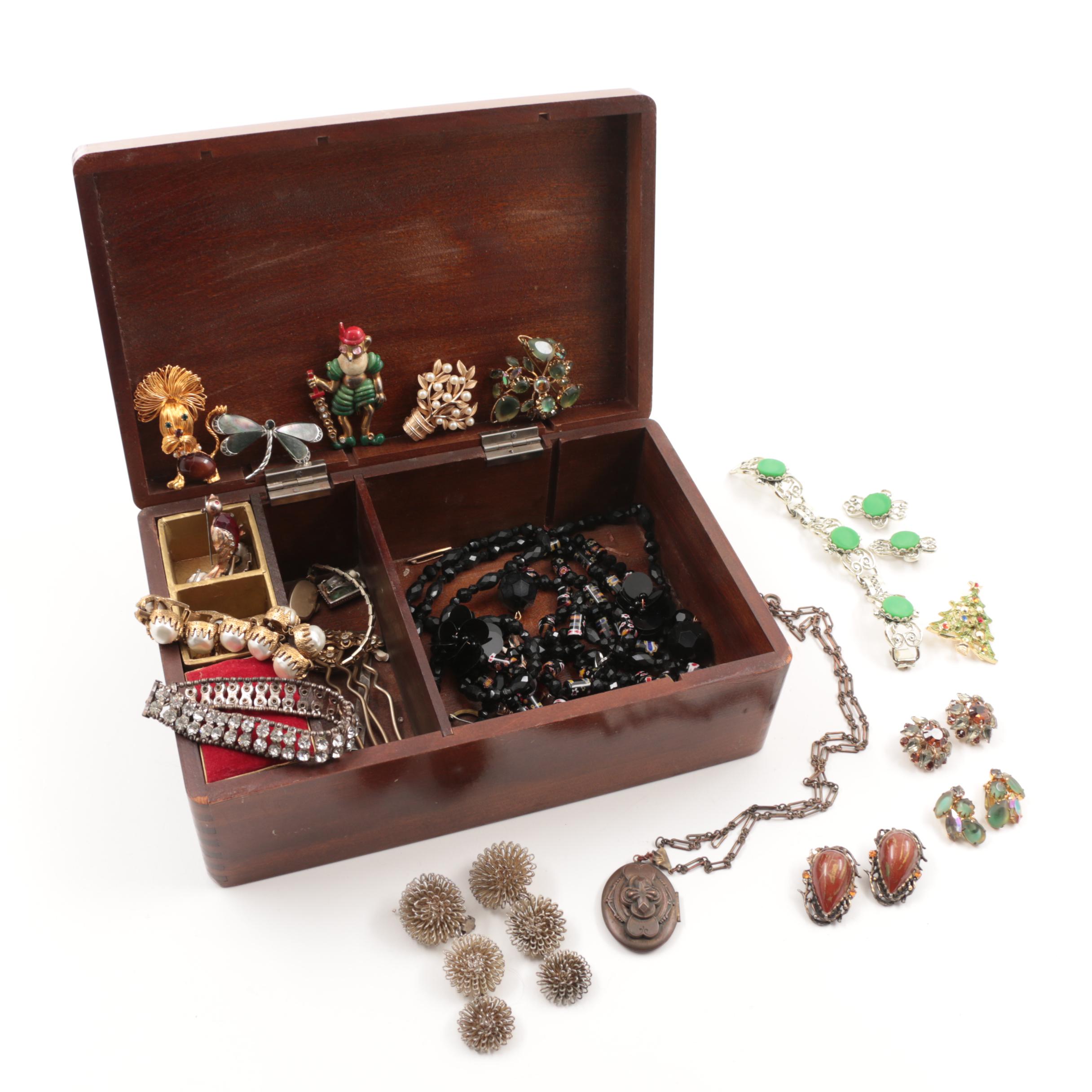 Carved Wooden Jewelry Box with Vintage Costume Jewelry