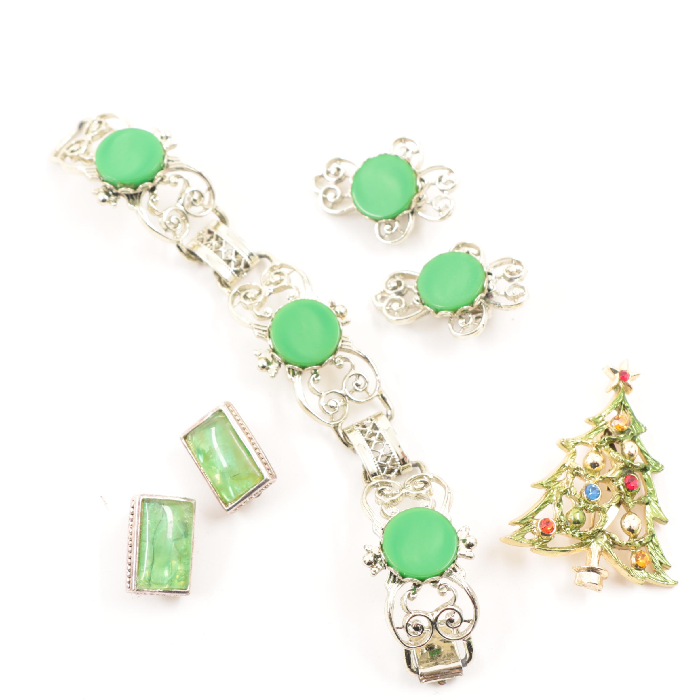 Carved Wooden Jewelry Box with Vintage Costume Jewelry