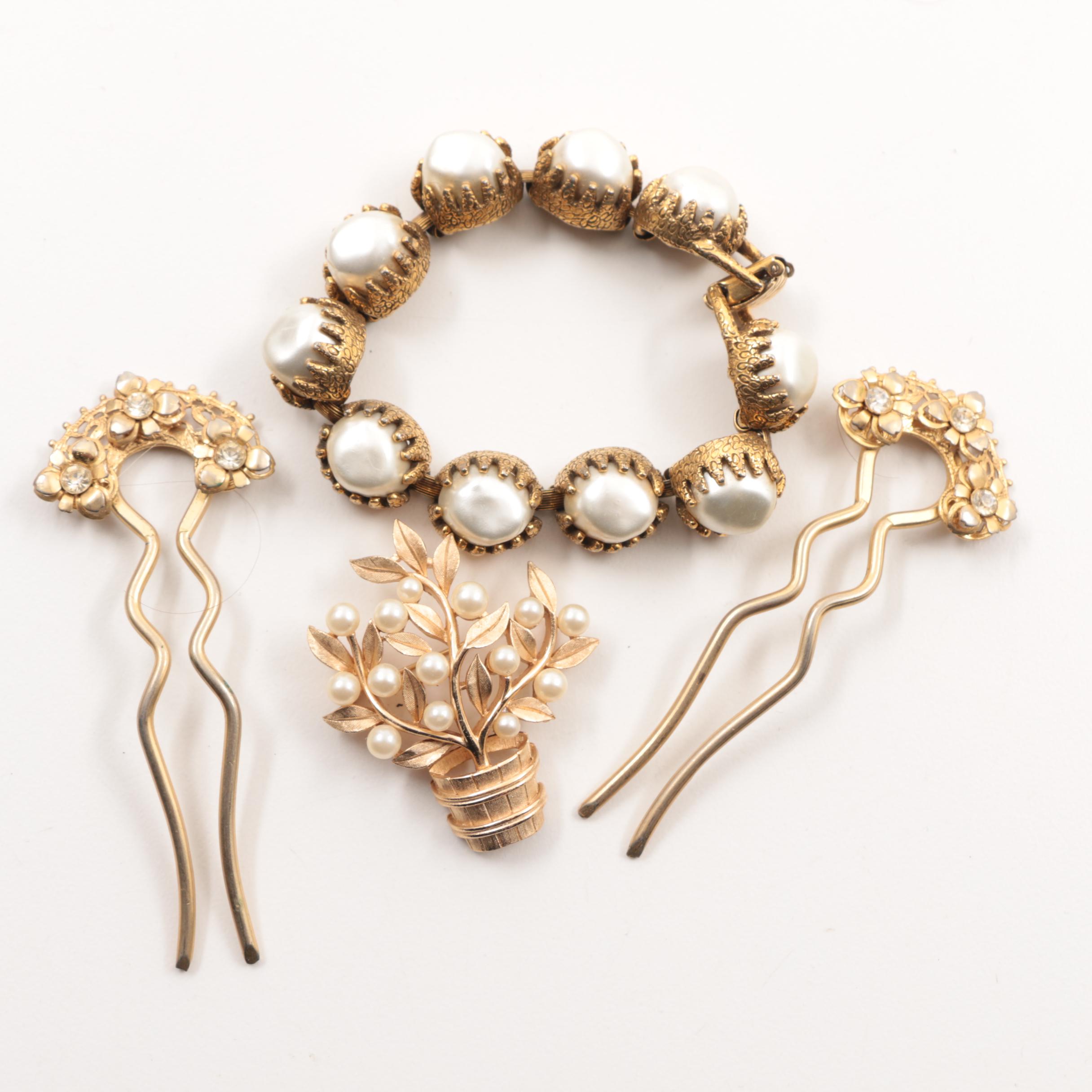 Carved Wooden Jewelry Box with Vintage Costume Jewelry