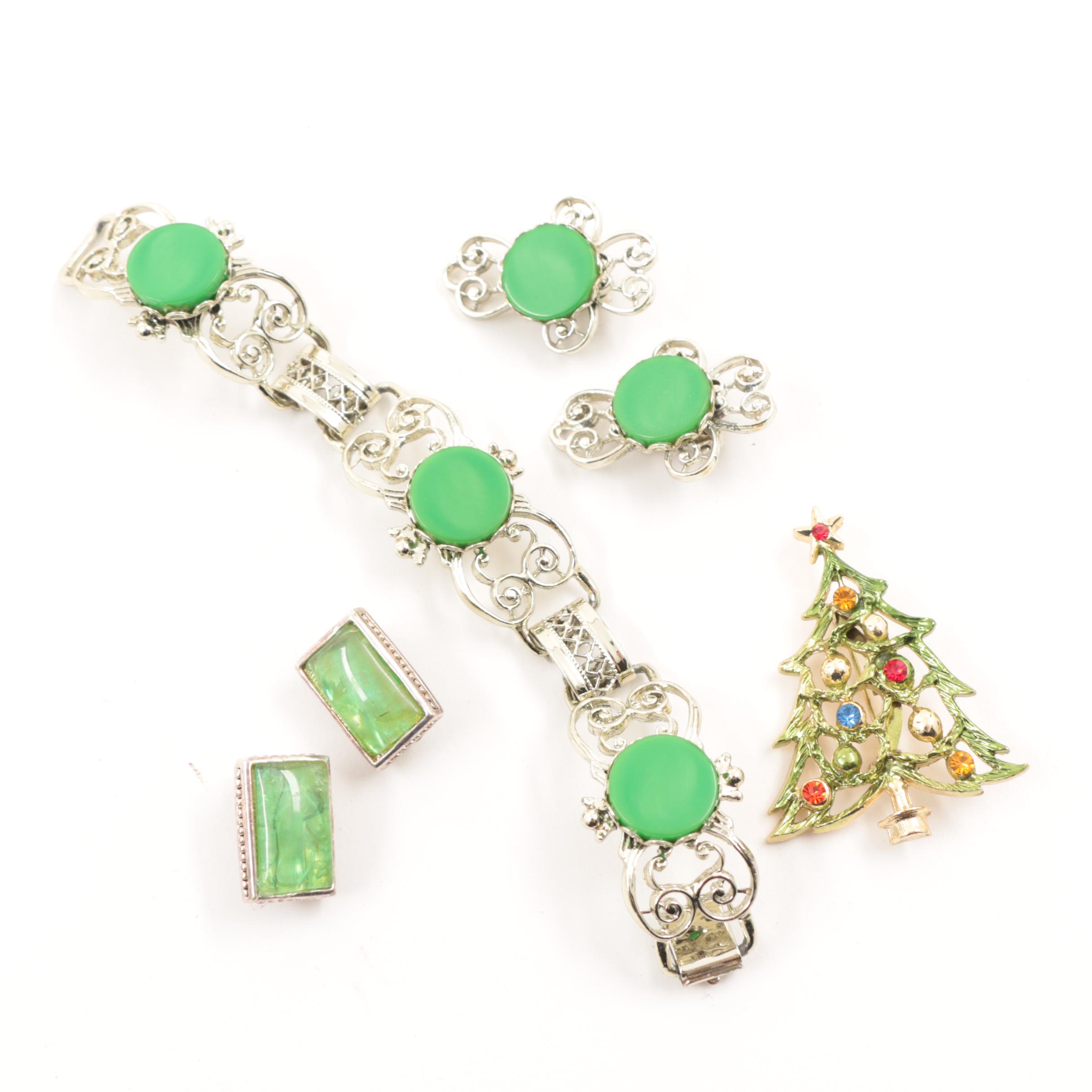 Carved Wooden Jewelry Box with Vintage Costume Jewelry