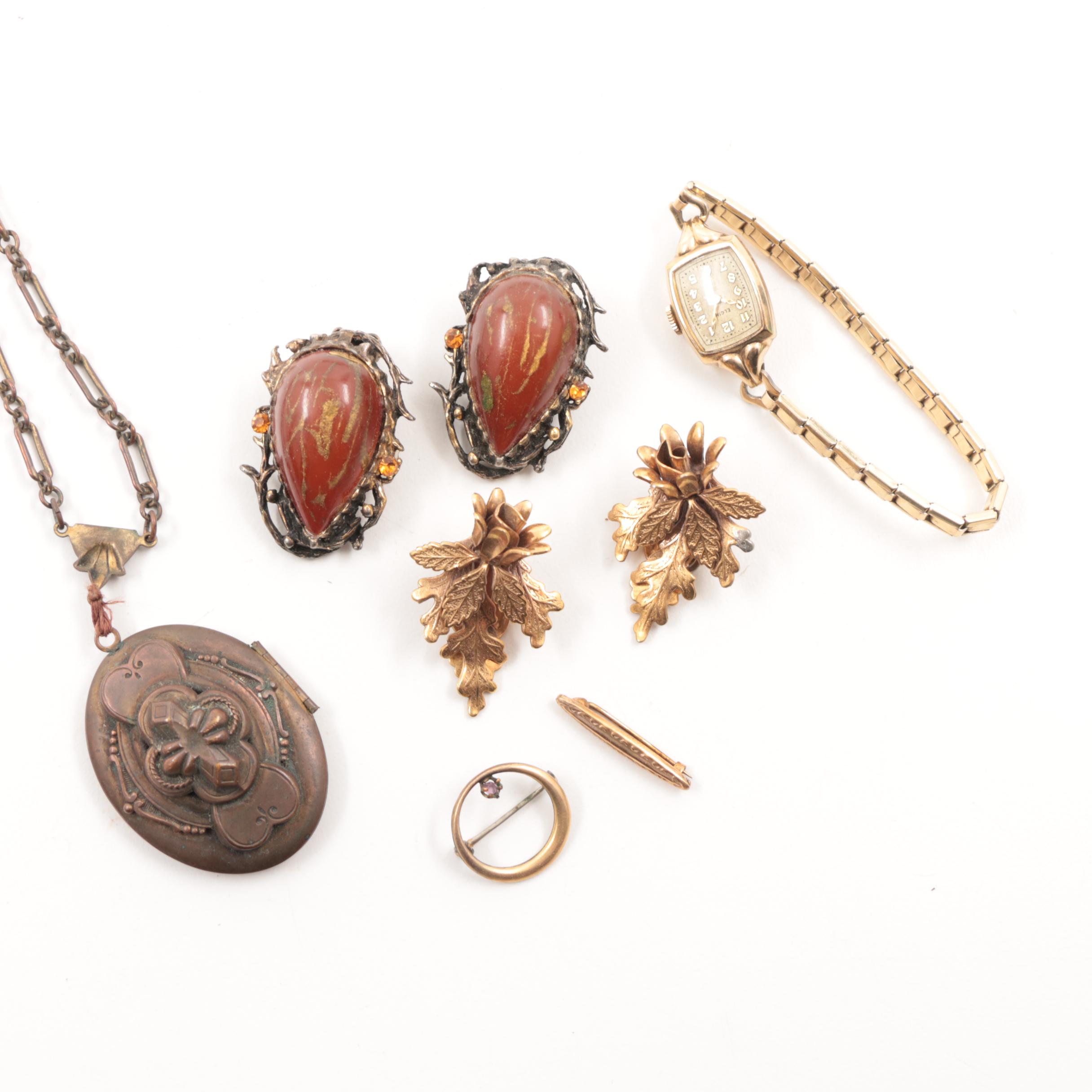 Carved Wooden Jewelry Box with Vintage Costume Jewelry