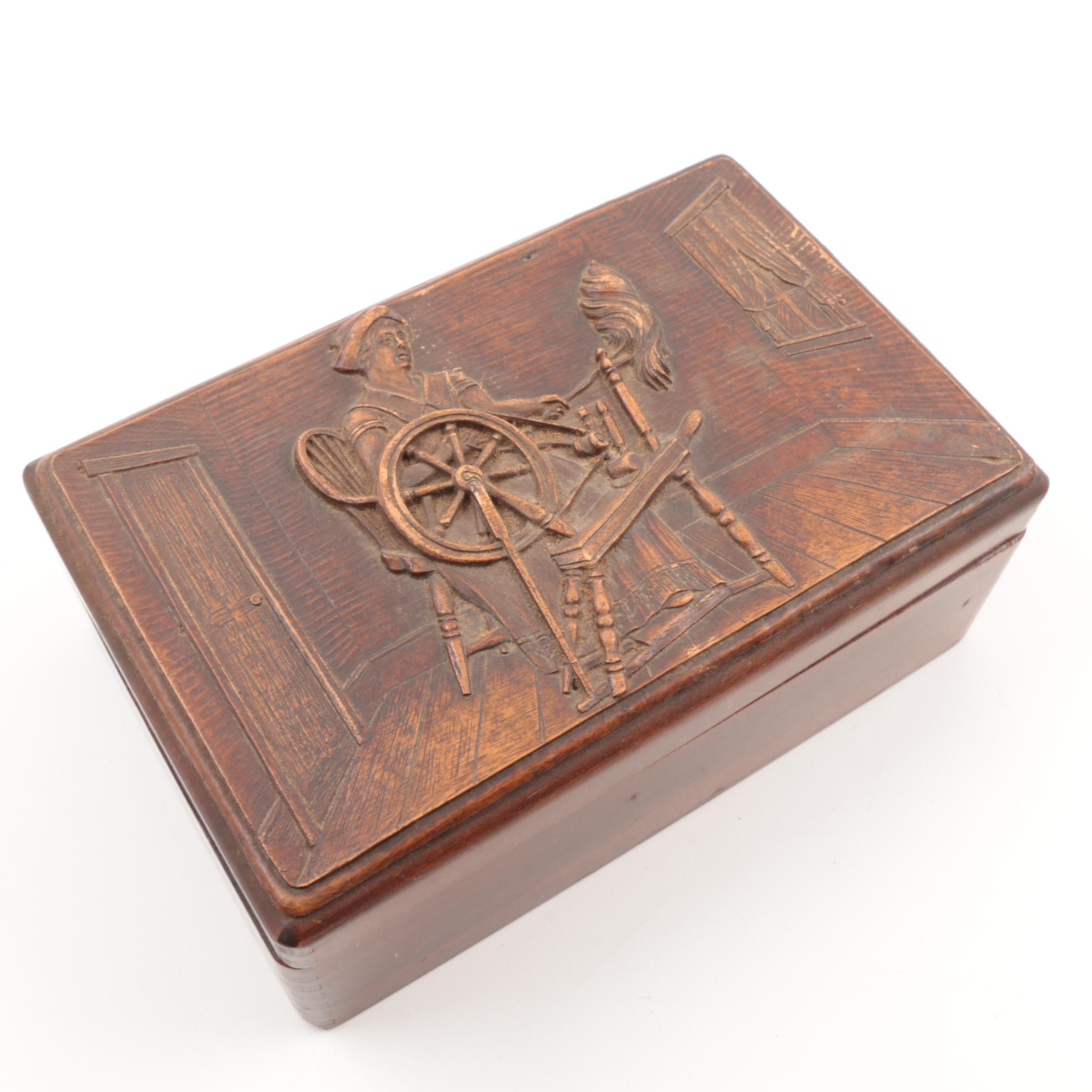 Carved Wooden Jewelry Box with Vintage Costume Jewelry