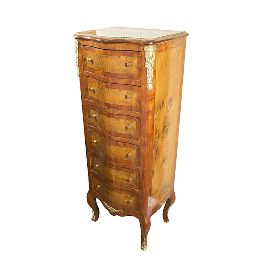 Vintage Louis XV Style Walnut Tall Chest of Drawers