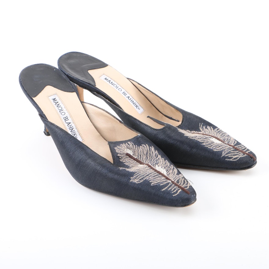 Vintage Manolo Blahnik Navy Grosgrain Fabric High-Heeled Mules