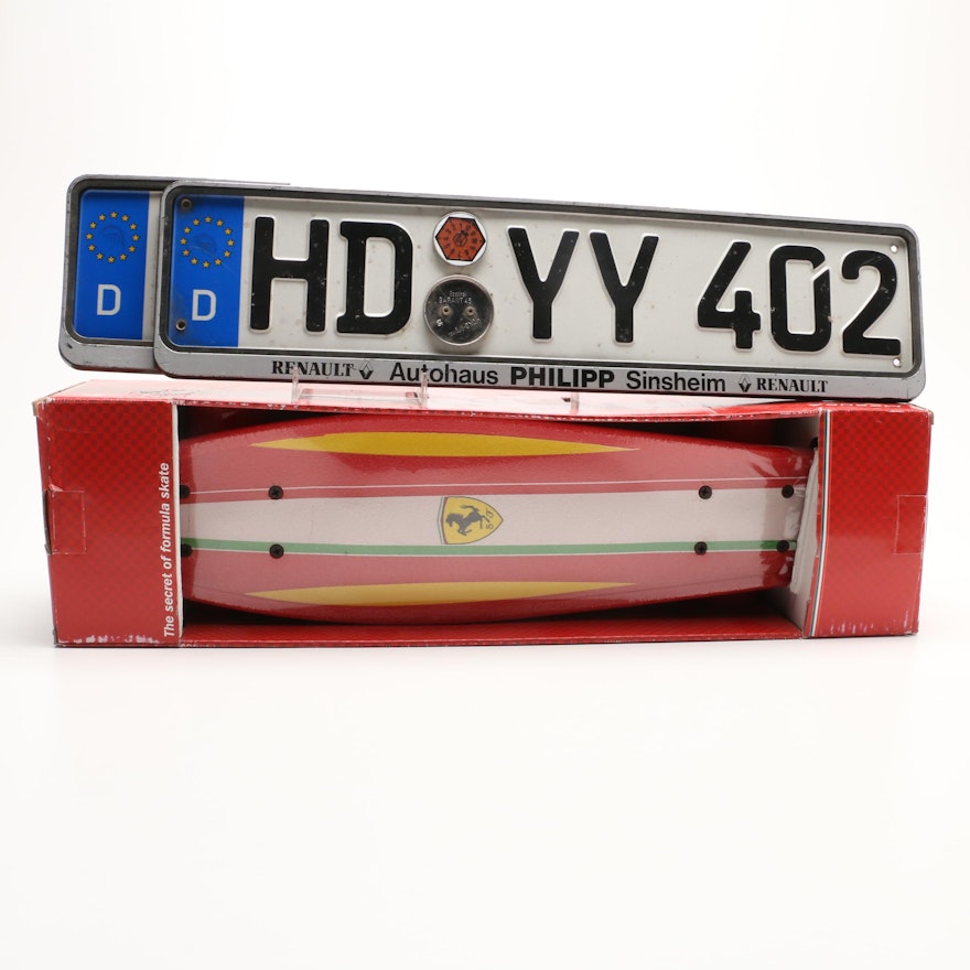 Pair of European Union Automotive Liscence Plates and Mecusa Ferrari Skateboard