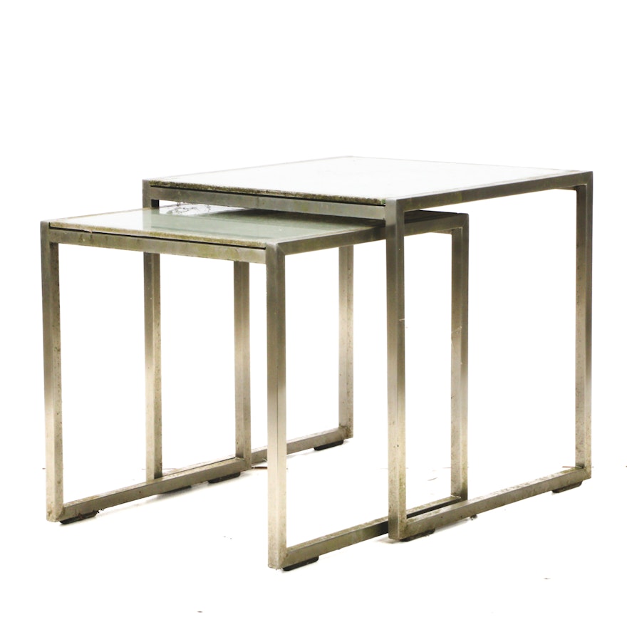 Two Nested Glass and Aluminum Occasional Tables