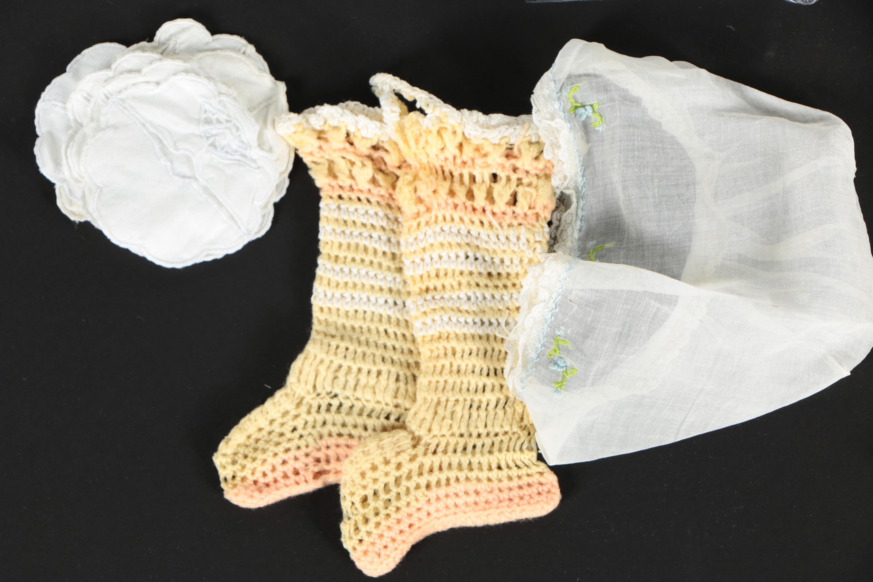 Infant Vintage Clothing Separates Including Knit Booties and Embroidered Cases