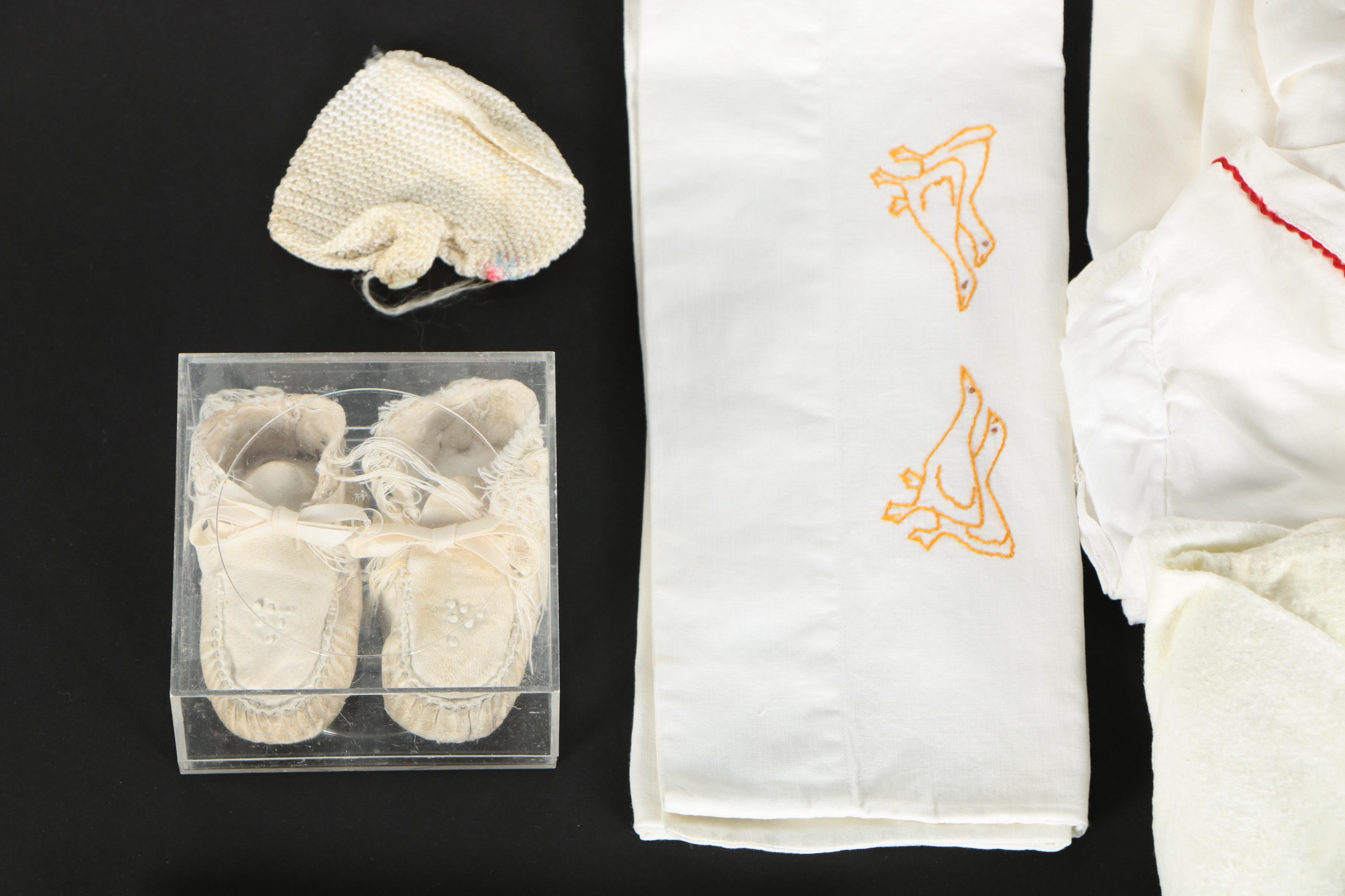 Infant Vintage Clothing Separates Including Knit Booties and Embroidered Cases