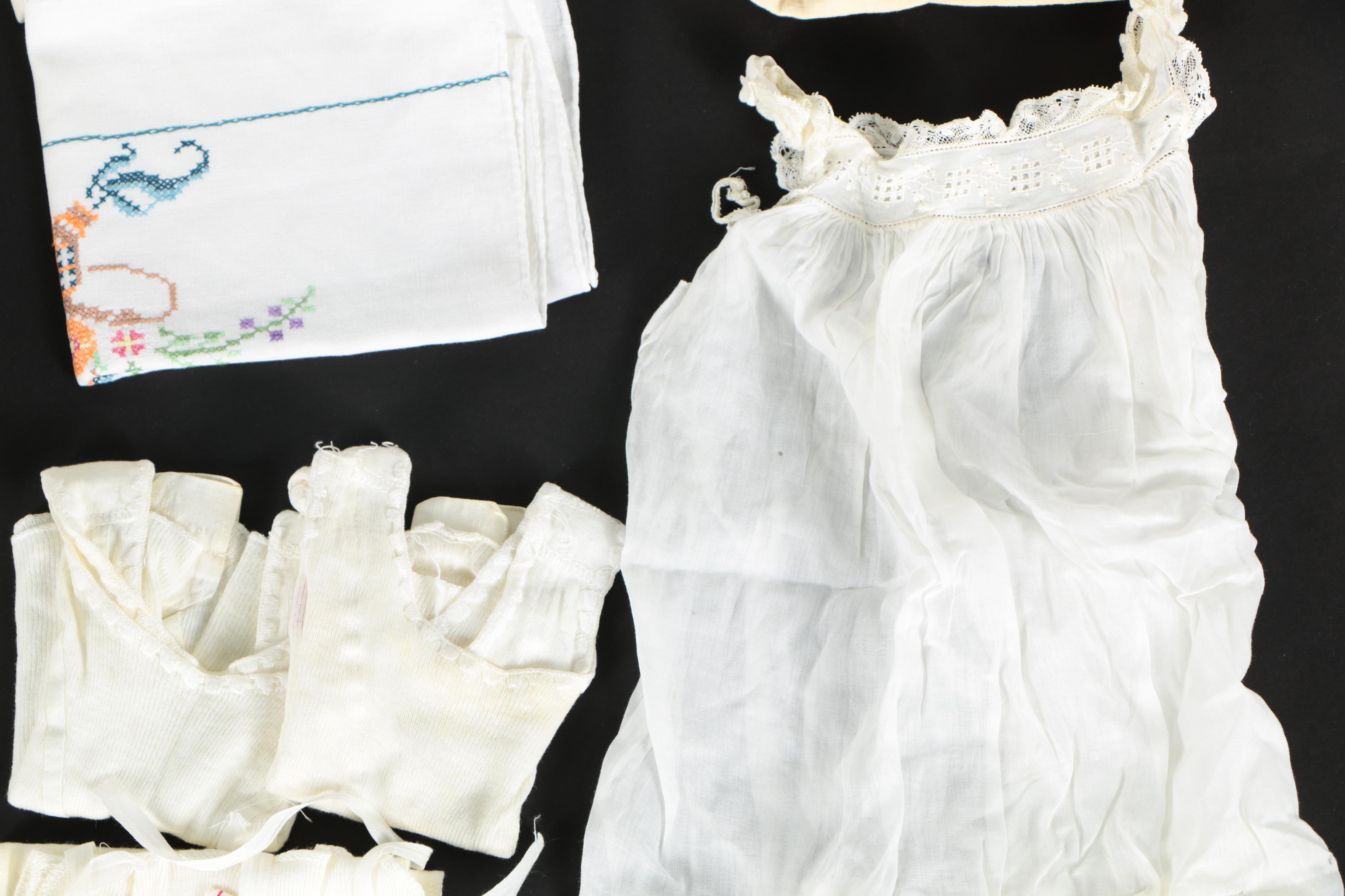 Infant Vintage Clothing Separates Including Knit Booties and Embroidered Cases