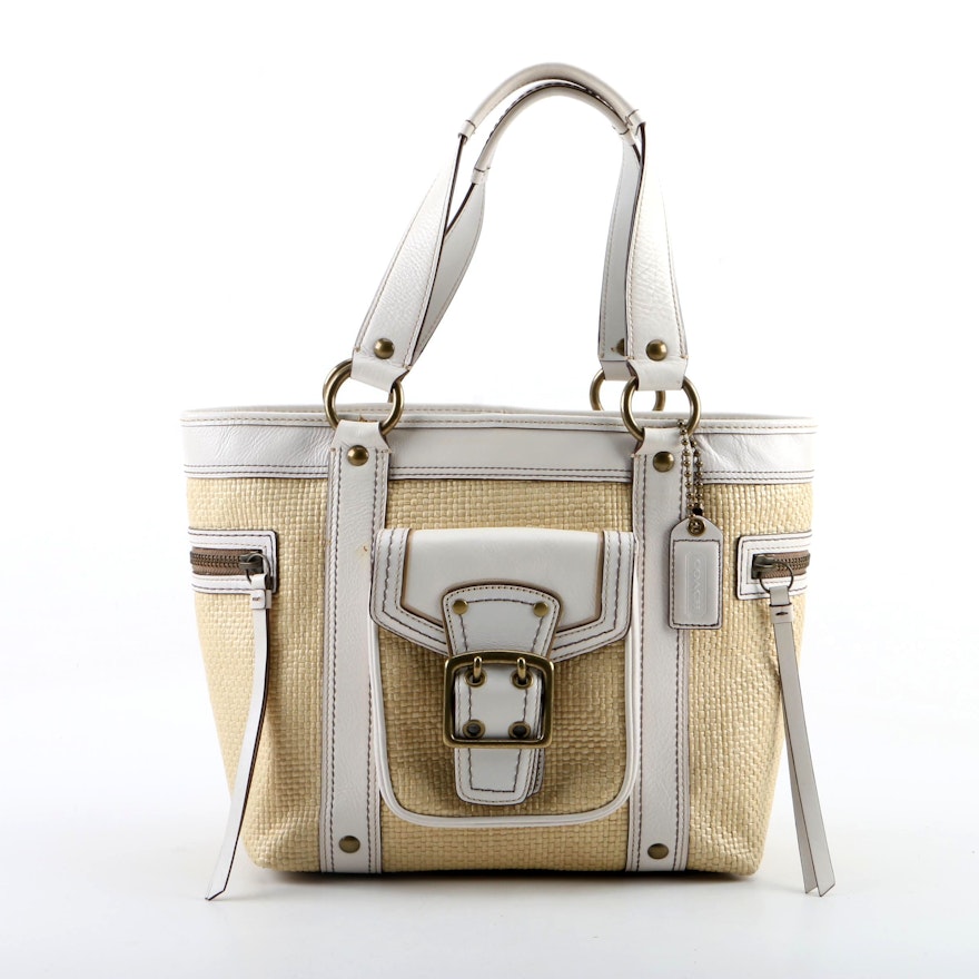 Coach Legacy Woven Straw Tote with White Leather Trim