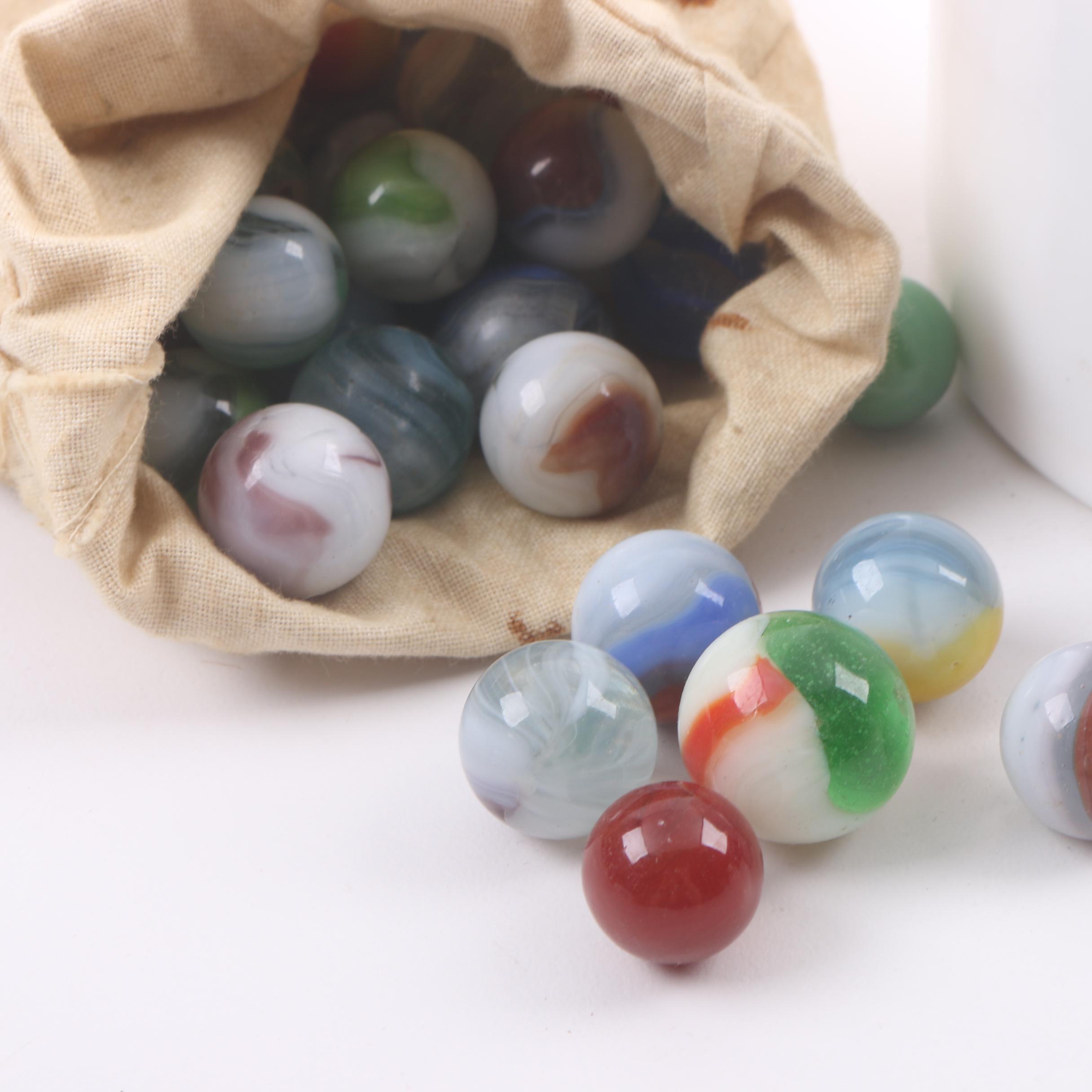 Vintage Marble Collection in Bag and Milk Glass Jar