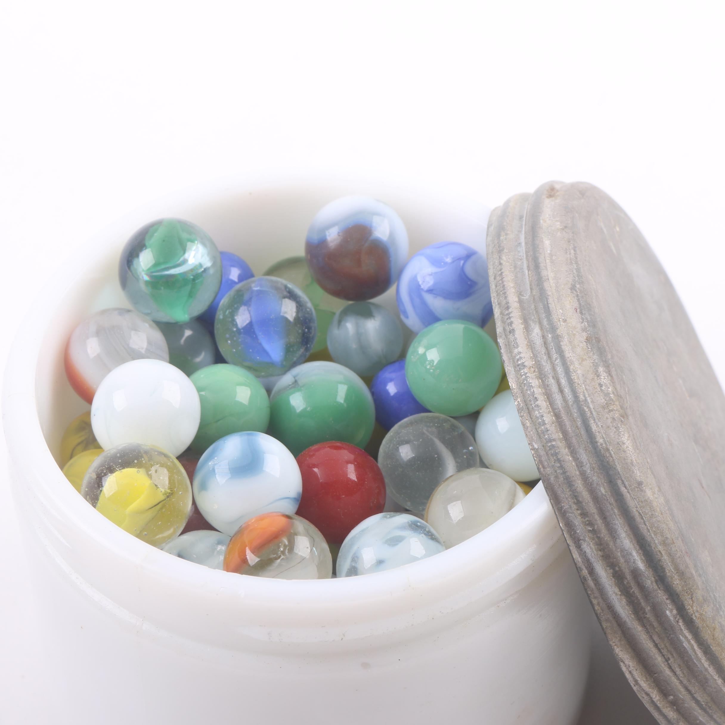 Vintage Marble Collection in Bag and Milk Glass Jar