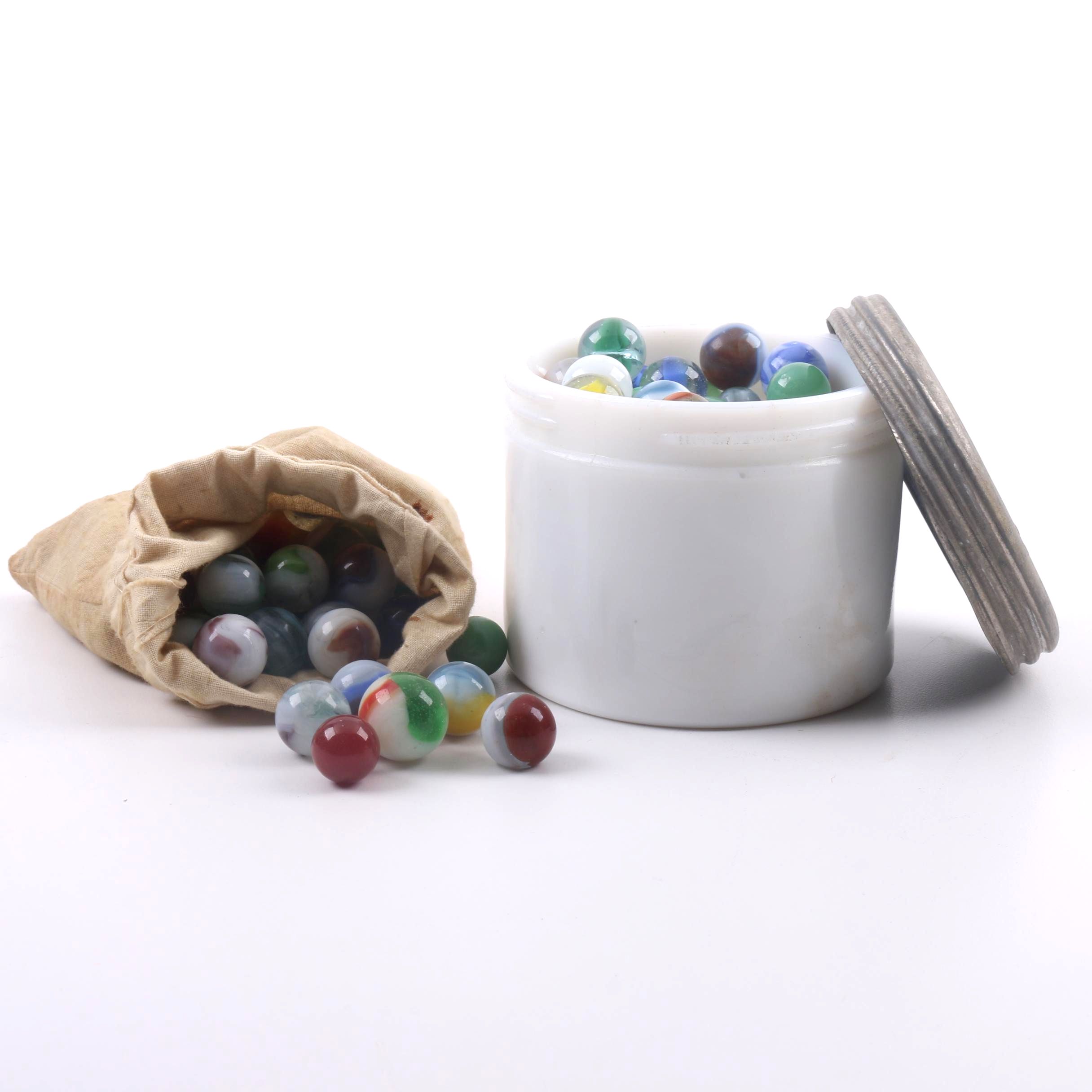 Vintage Marble Collection in Bag and Milk Glass Jar