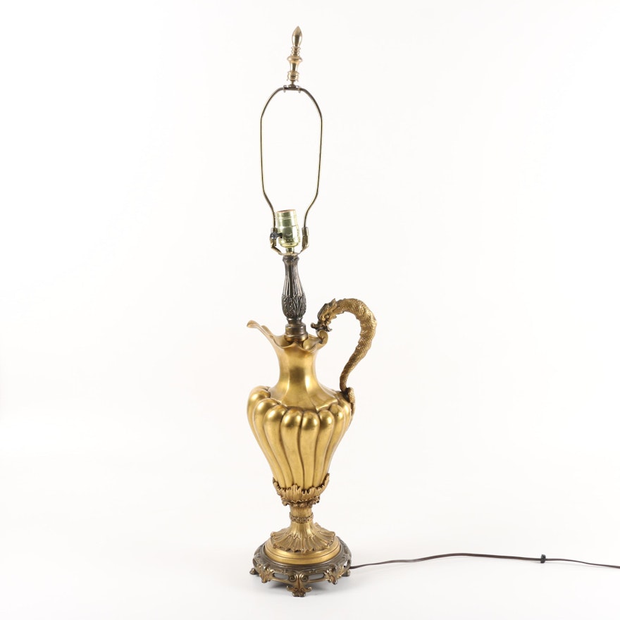 Gilt Brass French Style Ewer Lamp with Dragon Handle