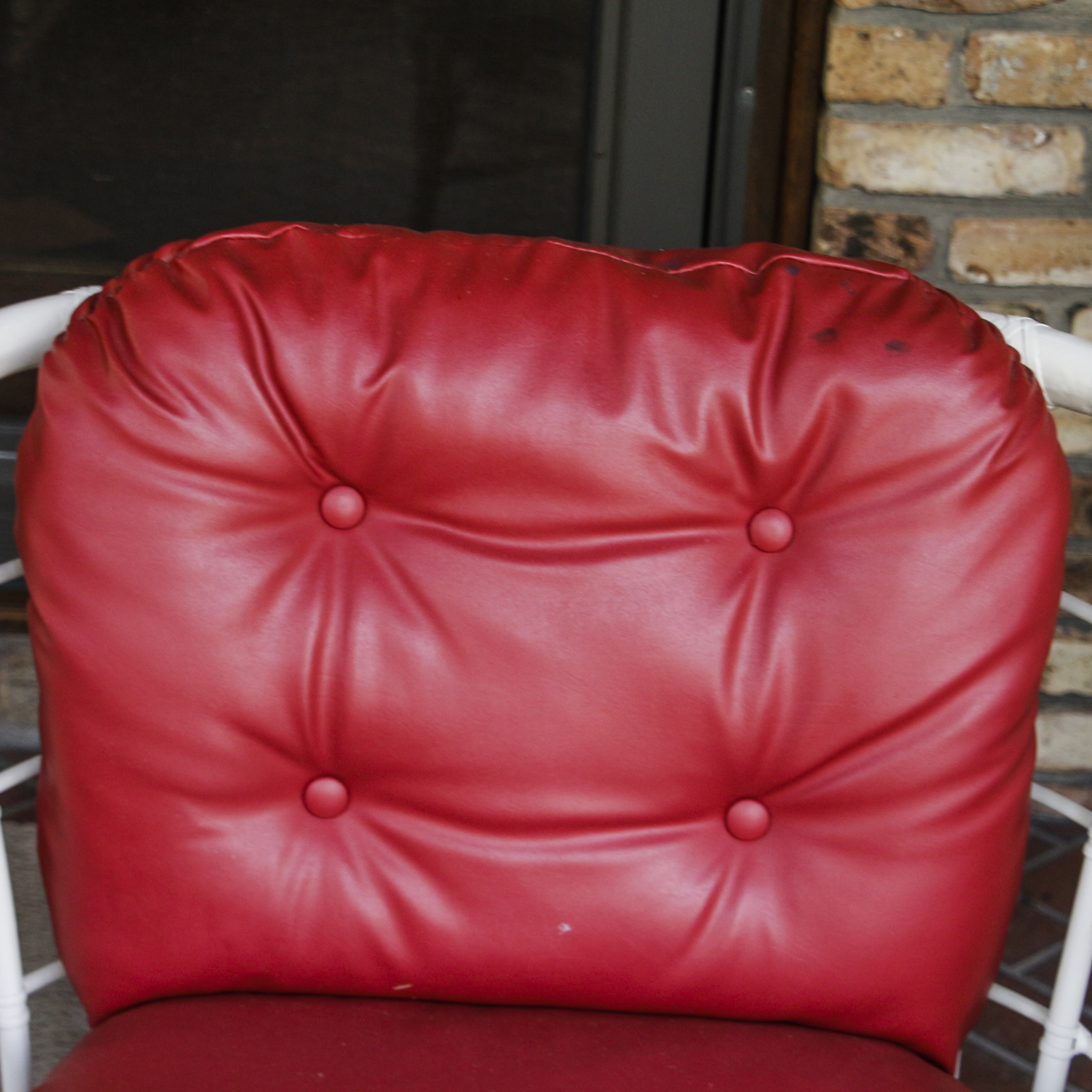Glass Top Patio Table with White Painted Rattan Armchairs