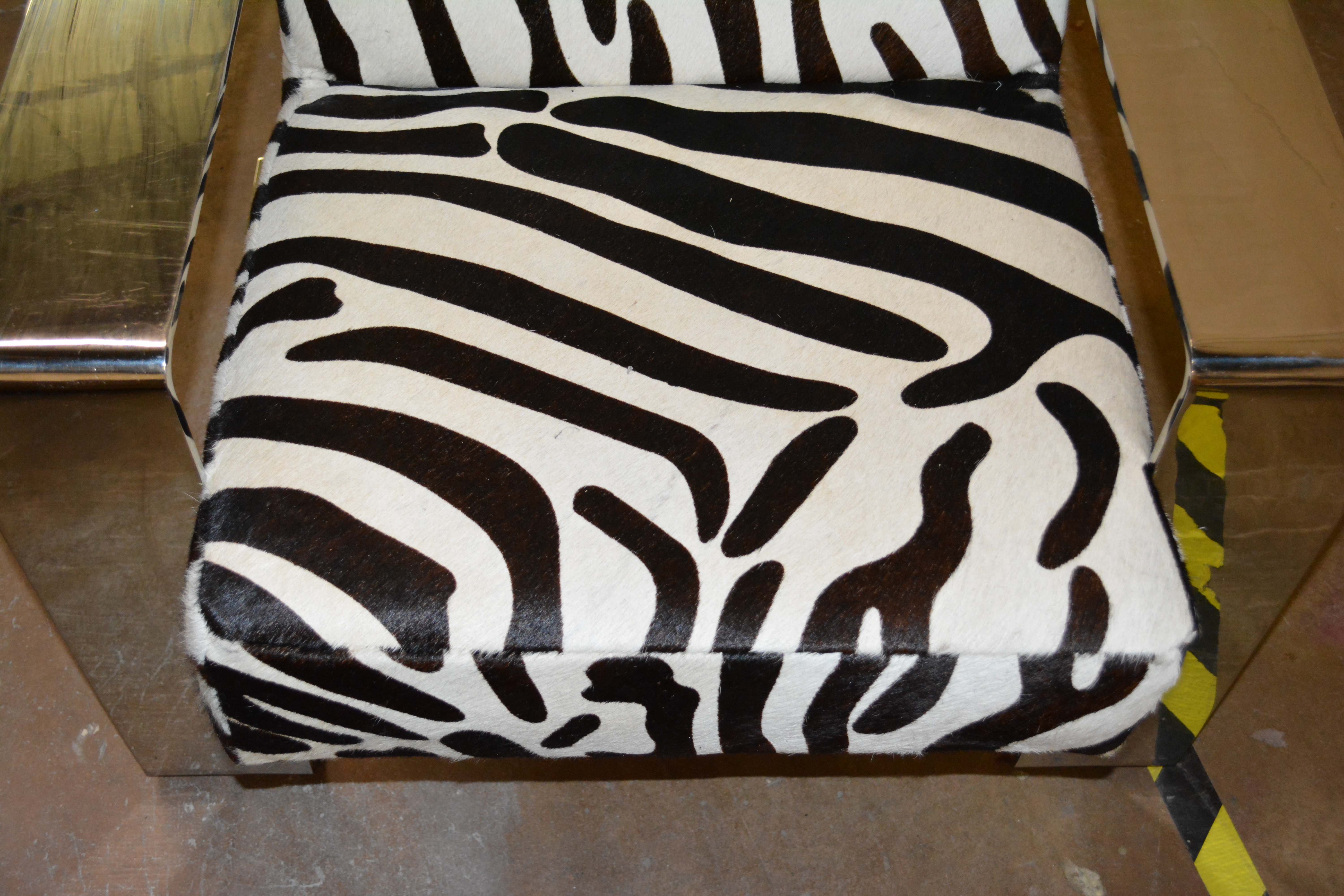 Silver Metal Cantilever Lounge Chair with Zebra Print Upholstery