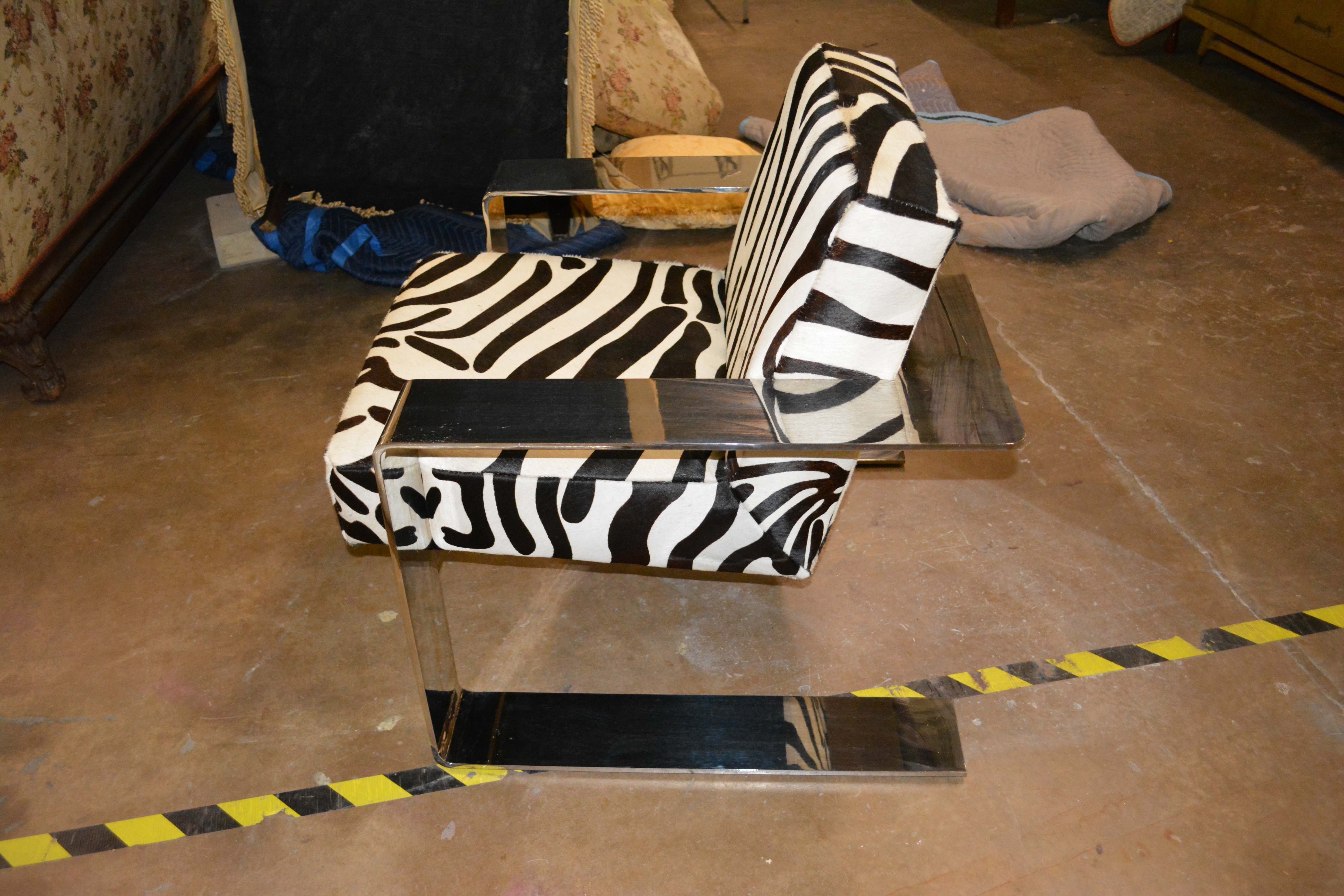 Silver Metal Cantilever Lounge Chair with Zebra Print Upholstery