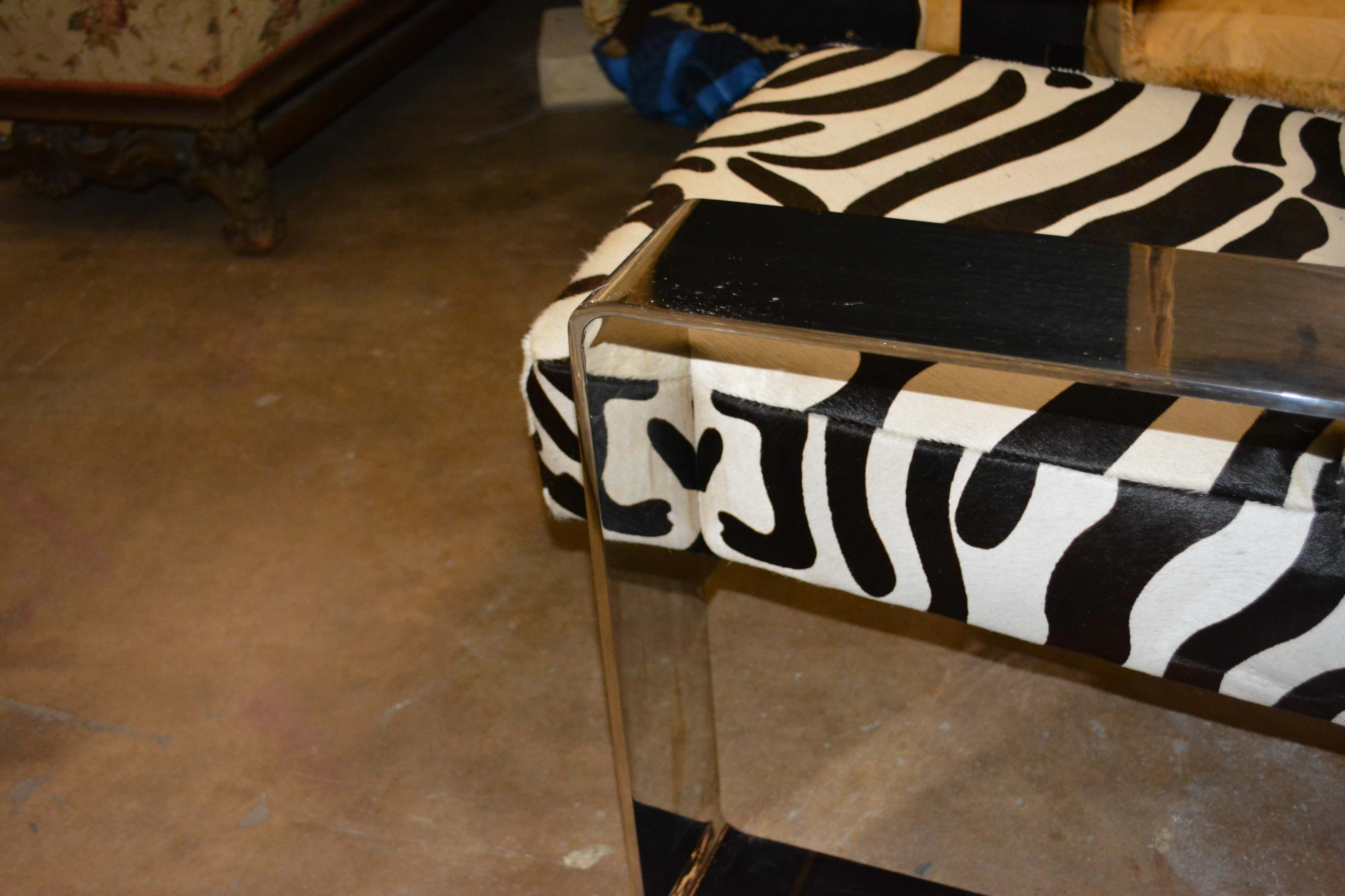 Silver Metal Cantilever Lounge Chair with Zebra Print Upholstery