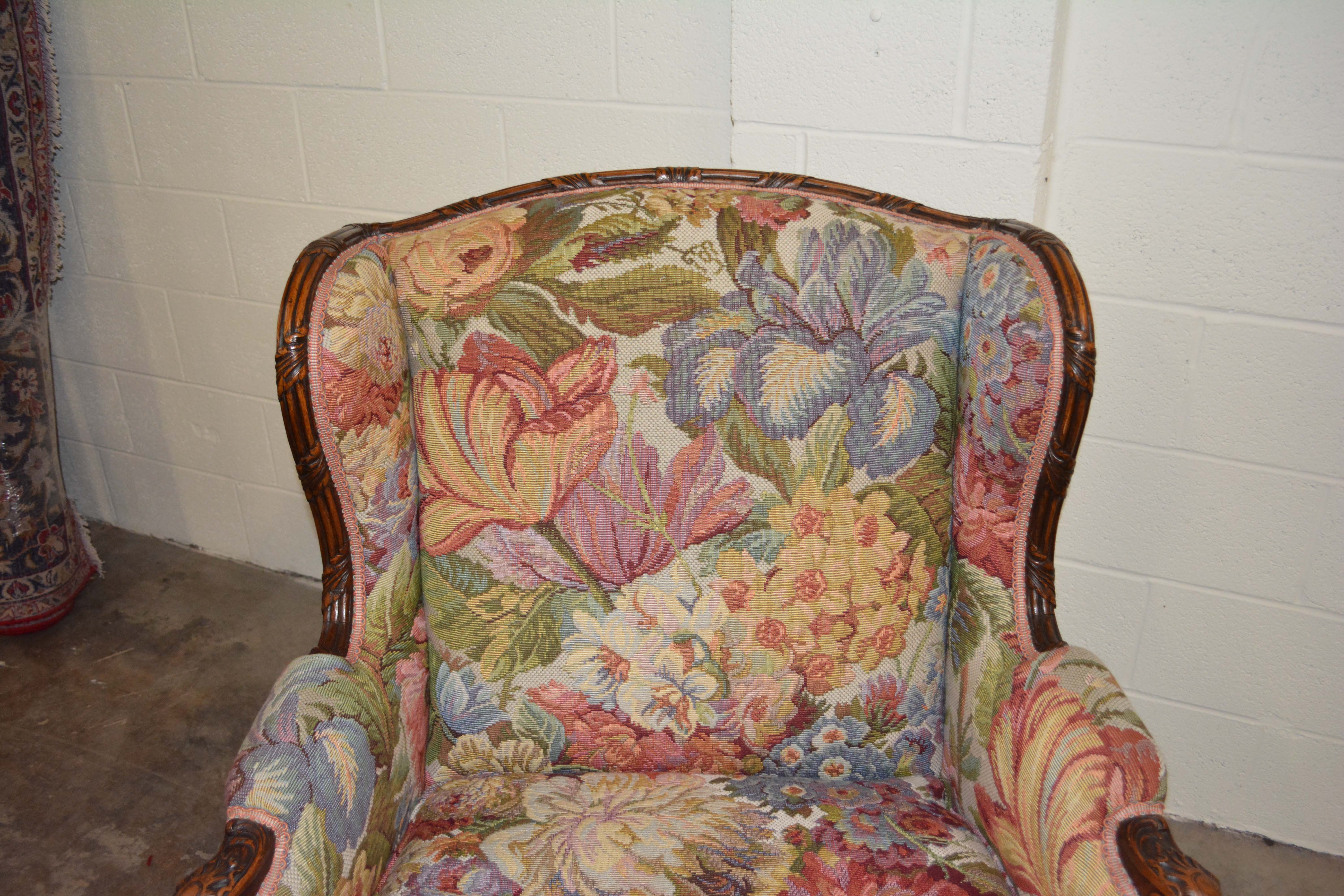 Vintage French Provincial Style Upholstered Wingback Armchair