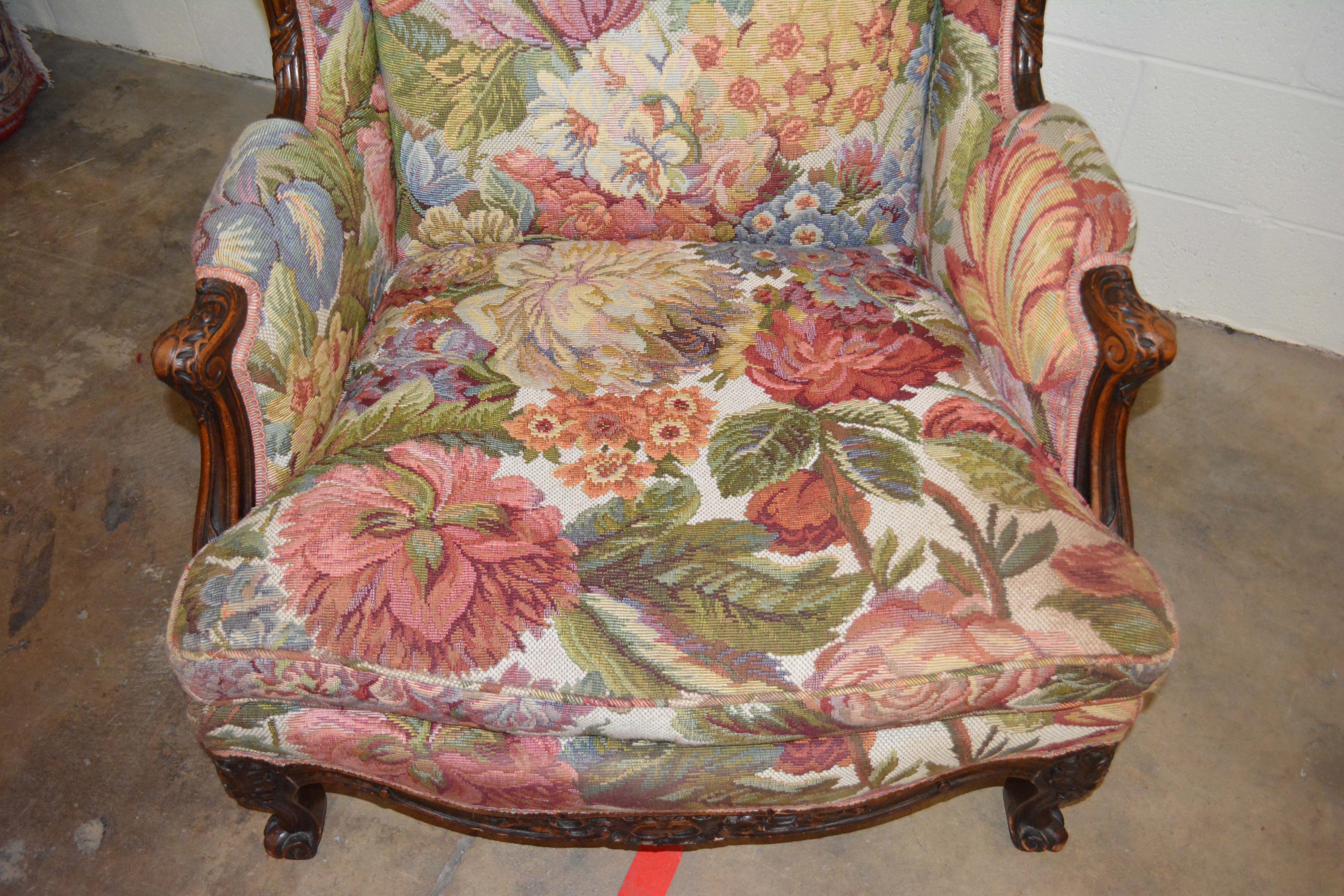 Vintage French Provincial Style Upholstered Wingback Armchair