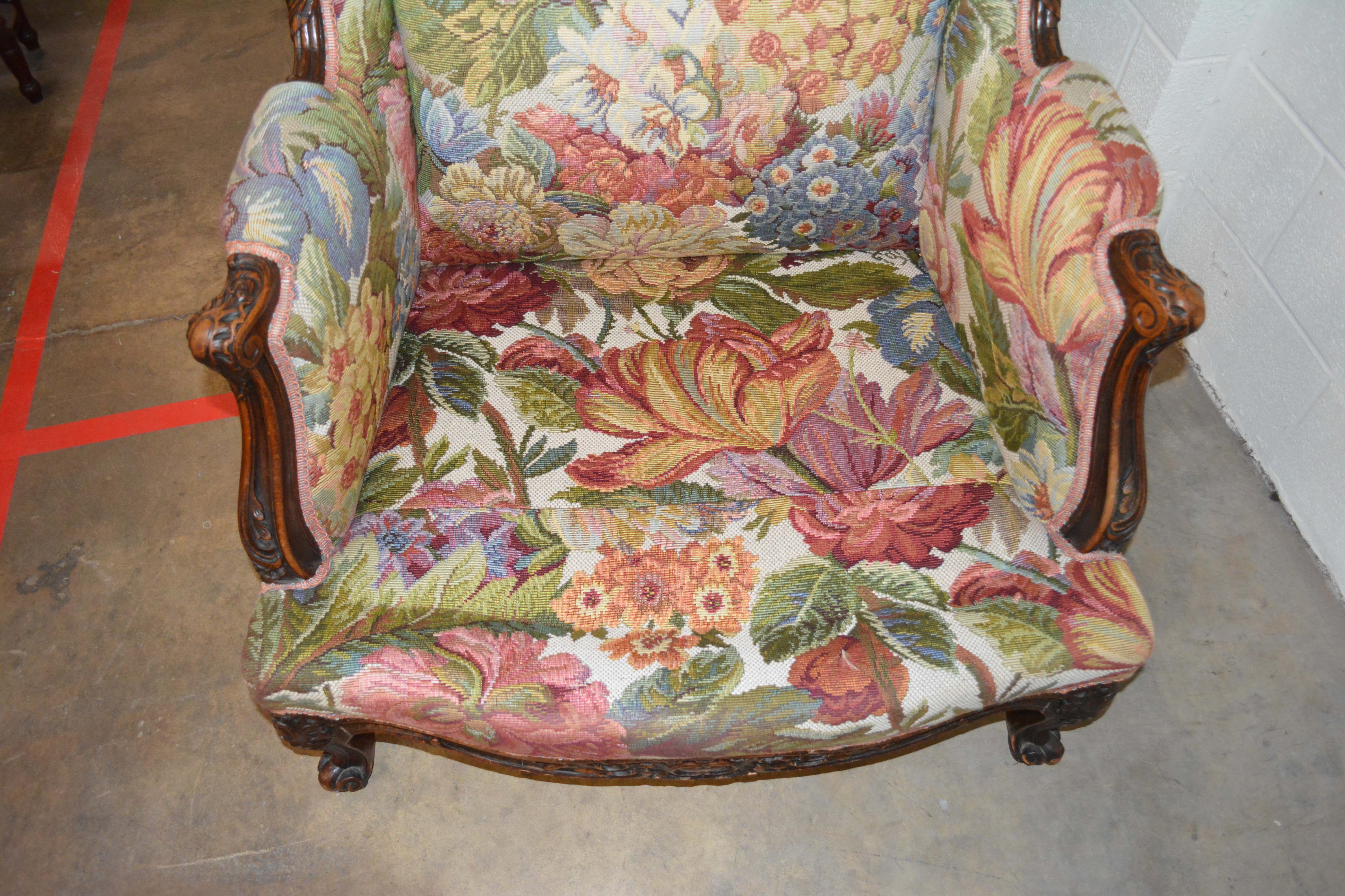 Vintage French Provincial Style Upholstered Wingback Armchair