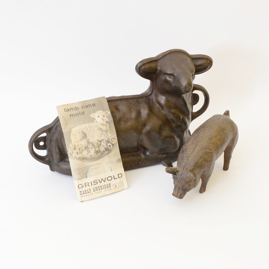 Vintage Cast Iron Griswold Lamb Cake Mold and Pig