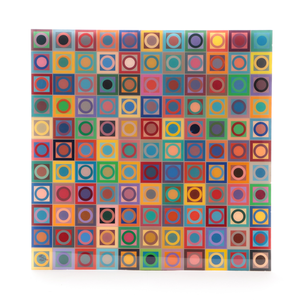 Evelyn Liner 1985 Reverse Acrylic Painting on Plexiglass "Circles and Squares"