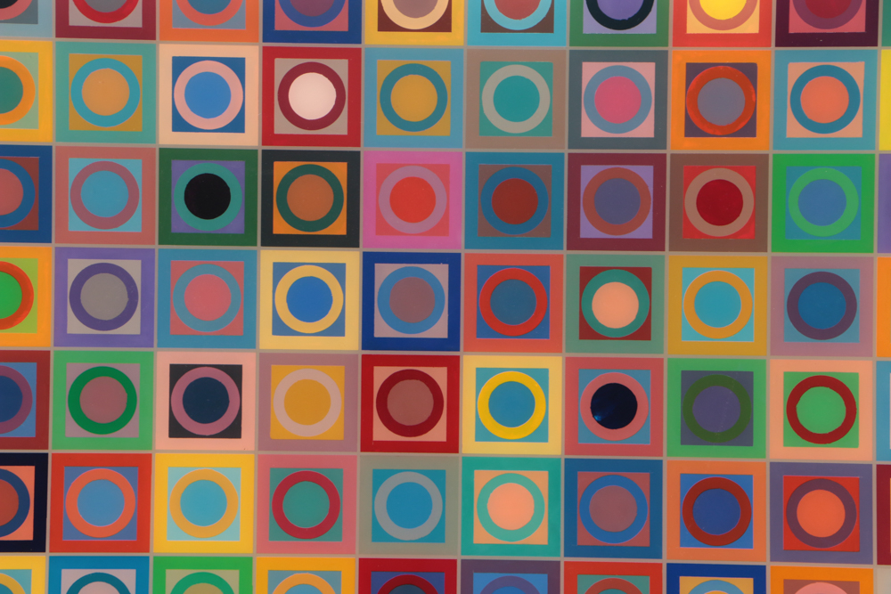 Evelyn Liner 1985 Reverse Acrylic Painting on Plexiglass "Circles and Squares"