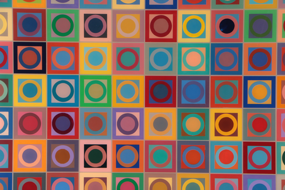 Evelyn Liner 1985 Reverse Acrylic Painting on Plexiglass "Circles and Squares"