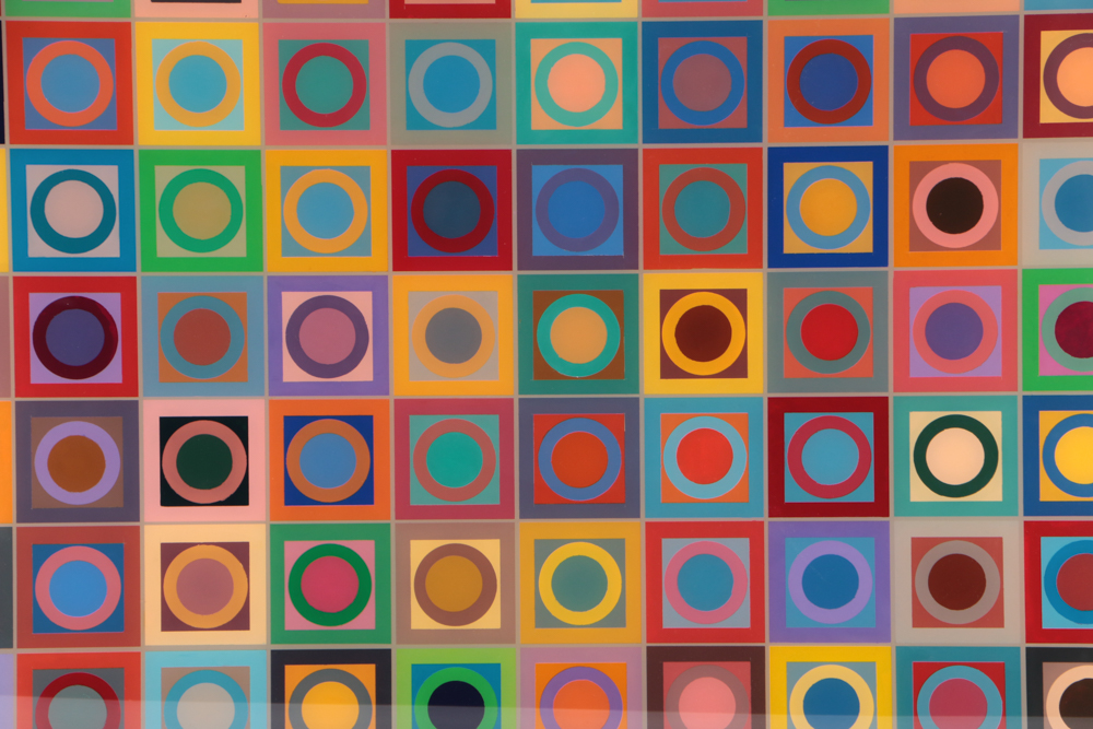 Evelyn Liner 1985 Reverse Acrylic Painting on Plexiglass "Circles and Squares"