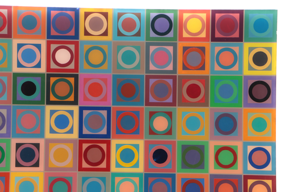Evelyn Liner 1985 Reverse Acrylic Painting on Plexiglass "Circles and Squares"