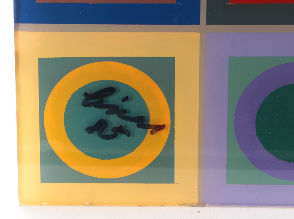 Evelyn Liner 1985 Reverse Acrylic Painting on Plexiglass "Circles and Squares"