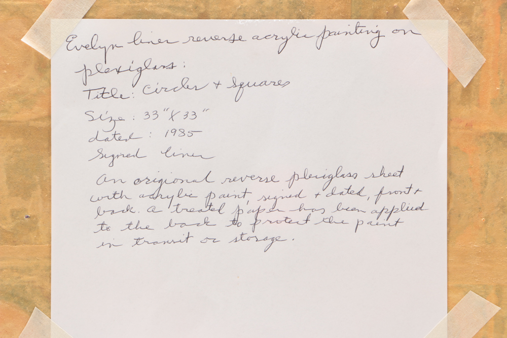 Evelyn Liner 1985 Reverse Acrylic Painting on Plexiglass "Circles and Squares"