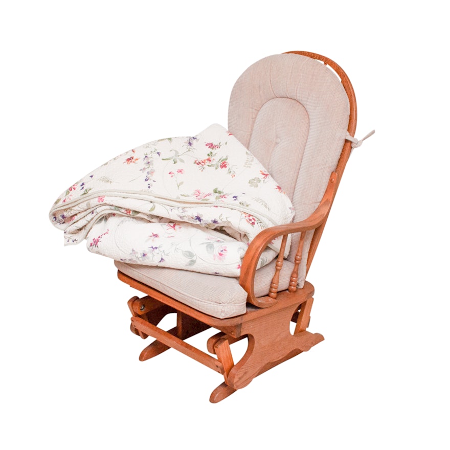 Padded Oak Glider and Pair of Twin Liz Claiborne Floral Quilts