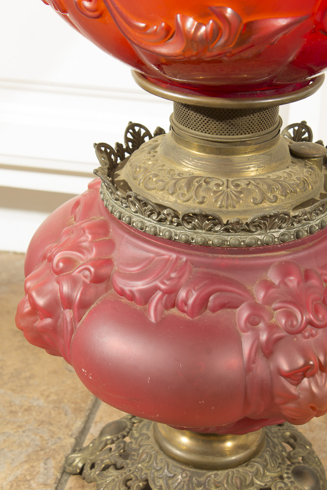Antique Matthews and Willard Red Satin Glass Oil Lamp
